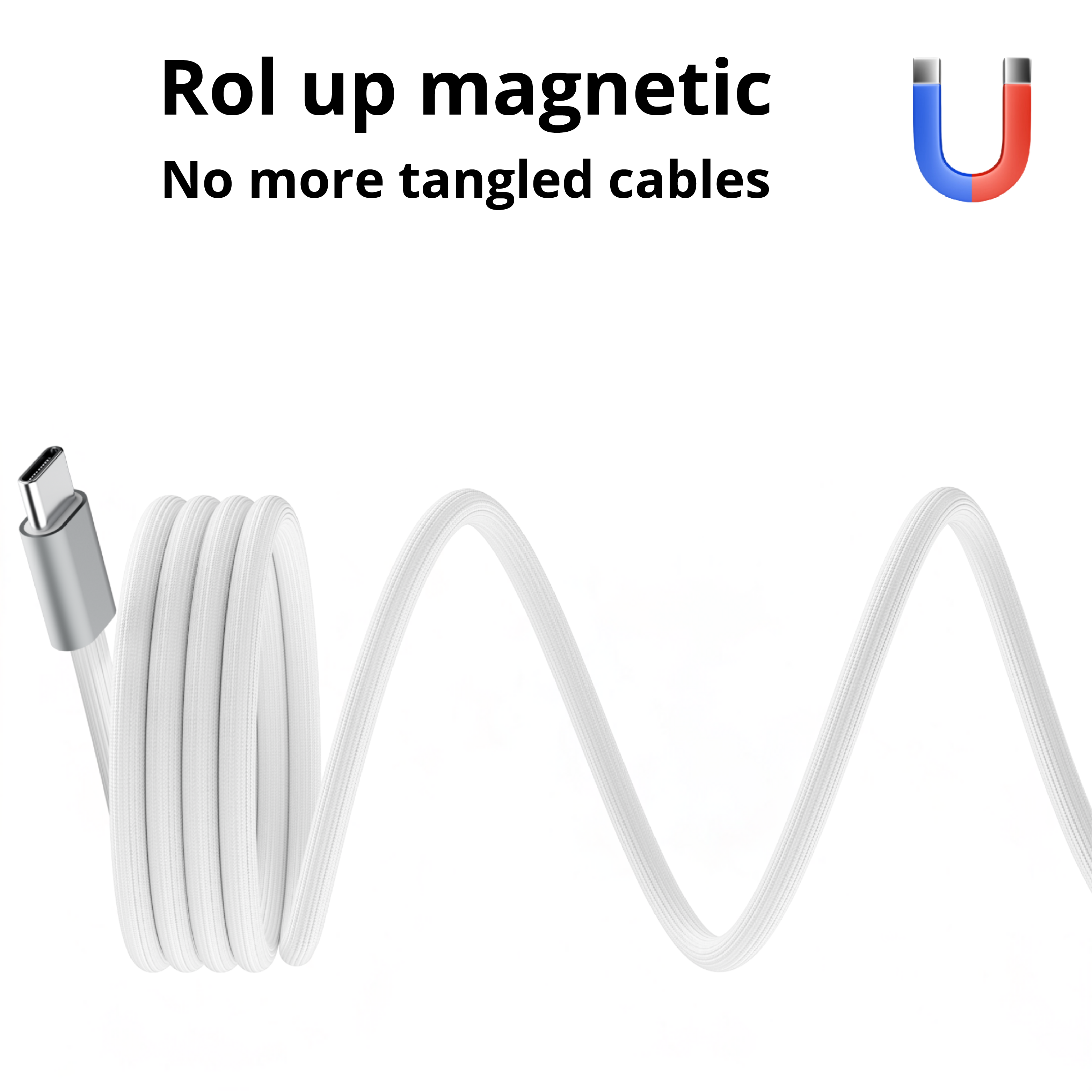 Witte, opgerolde telefoon oplaadkabel met een zilveren USB-C connector en een magneet. Tekst: Oprolbare magneet.