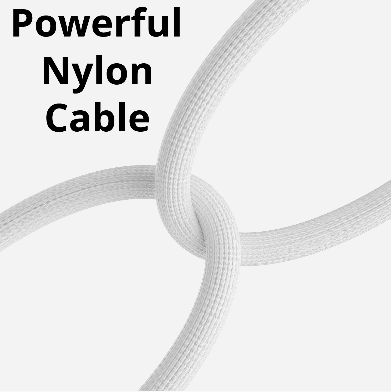 Wit nylon kabel verweven, met de woorden 'Powerful Nylon Cable' erboven.