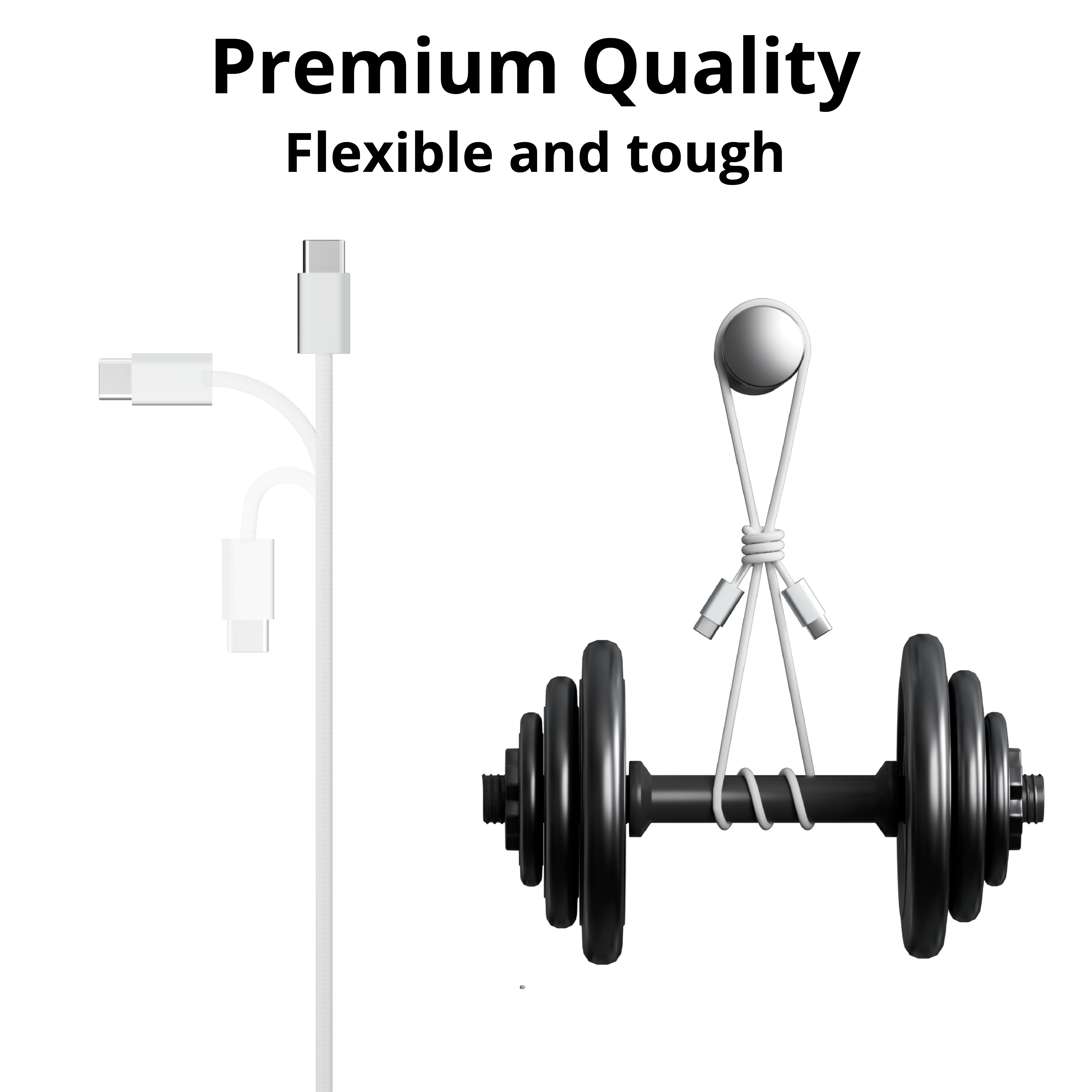 Witte kabel met meerdere USB-C-connectoren. Aangesloten op een zwarte halter. Flexibel, duurzaam.