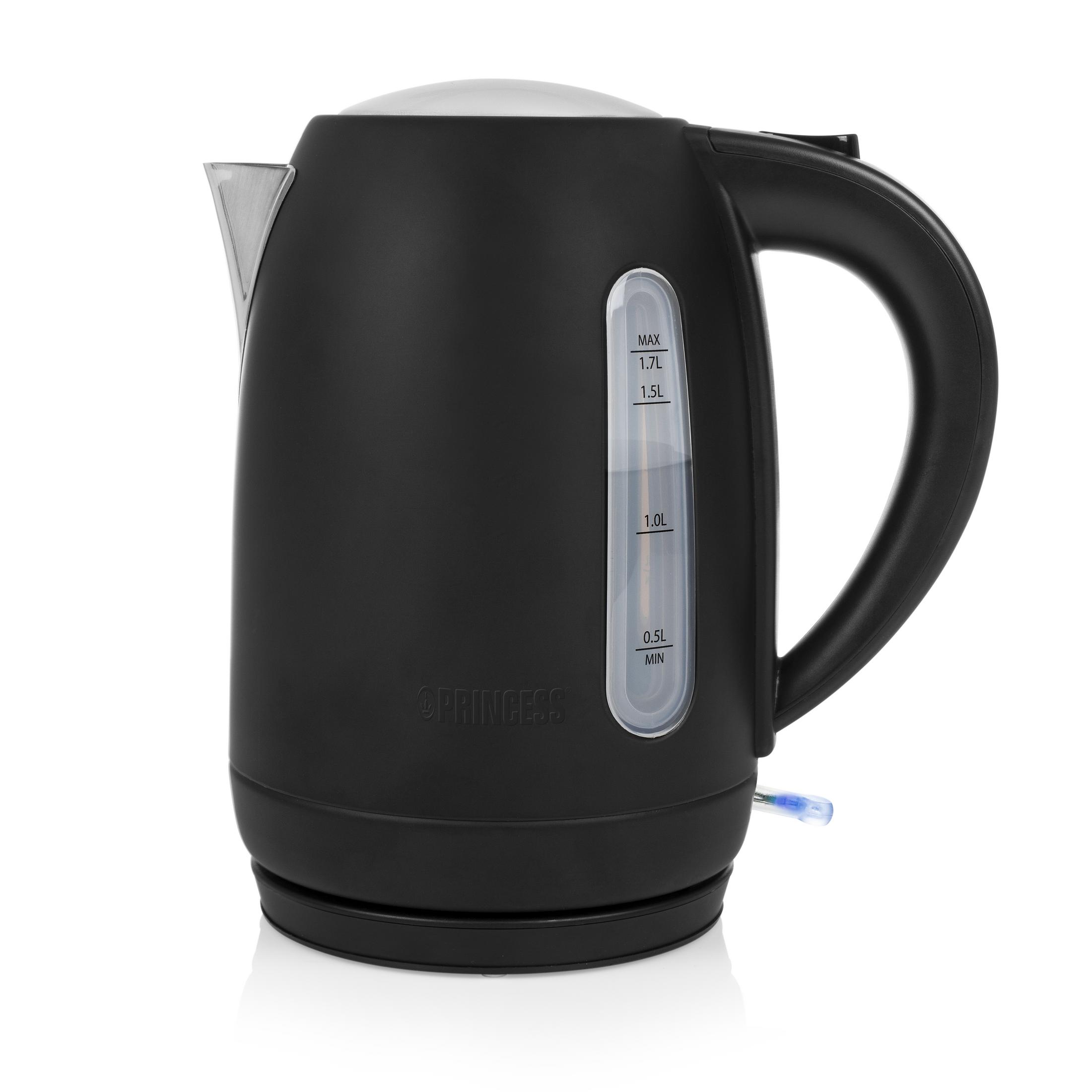 Czarny czajnik elektryczny z przezroczystym wskaźnikiem poziomu wody. Marka to "PRINCESS".