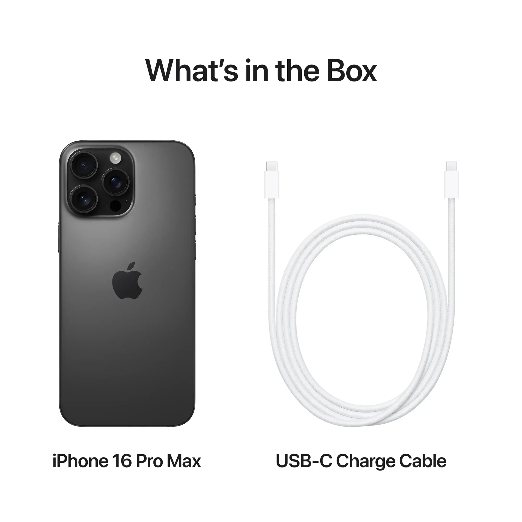 iPhone 16 Pro Max i kabel ładujący USB-C. Czarny telefon, biały kabel. Białe tło.