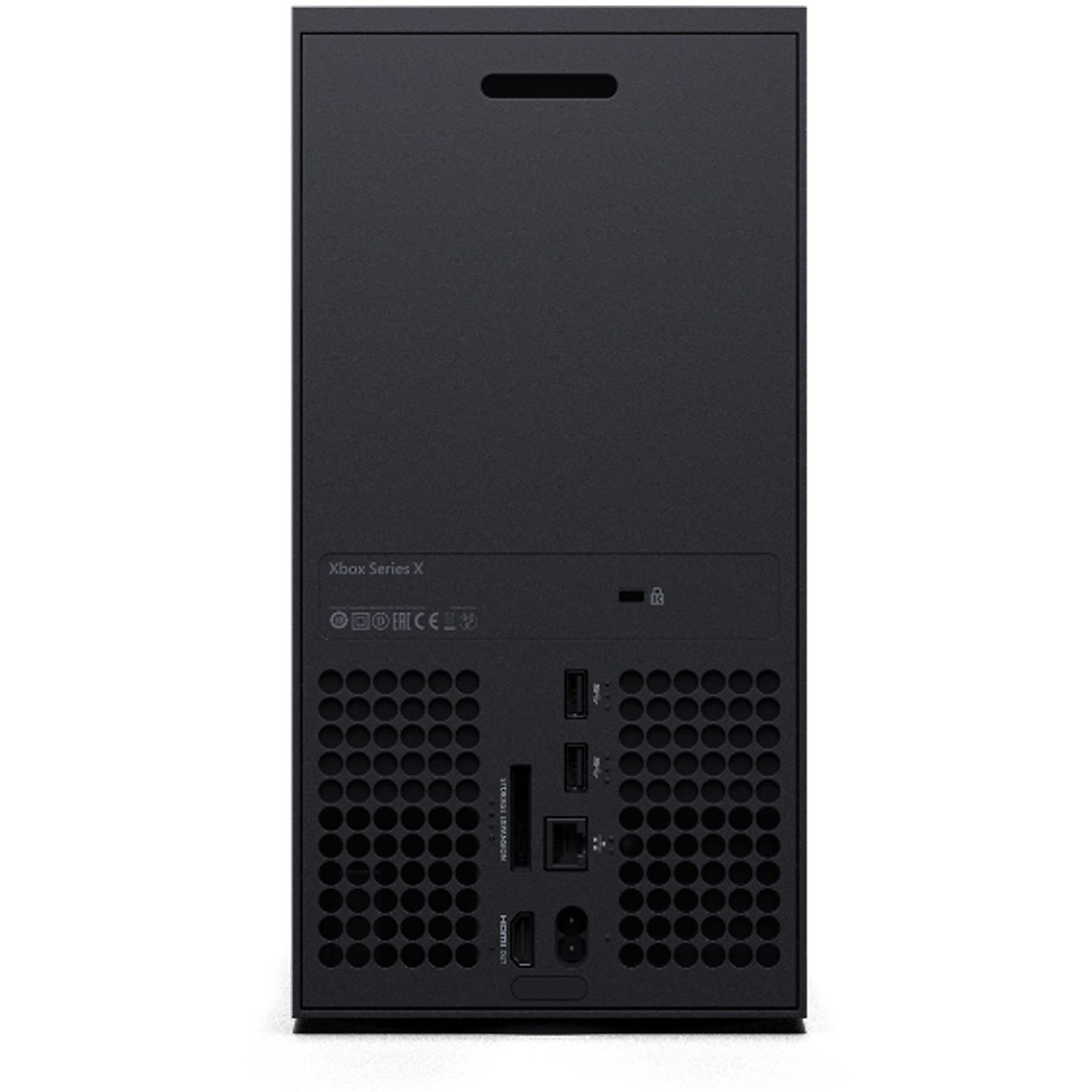 Czarna konsola Xbox Series X, widok z tyłu. Widoczne porty, w tym HDMI.