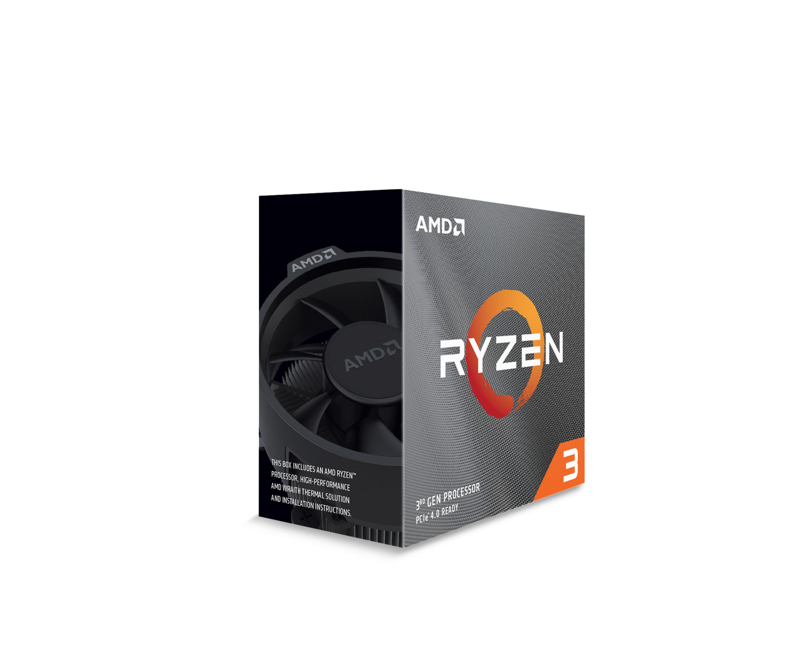 Pudełko procesora Ryzen 3, pokazujące produkt i markę AMD.