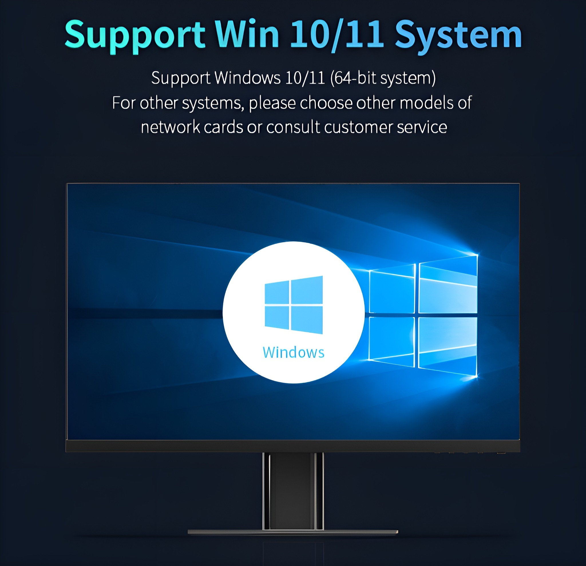 Monitor mit Windows-Logo, mit Text zur Windows 10/11-Unterstützung.