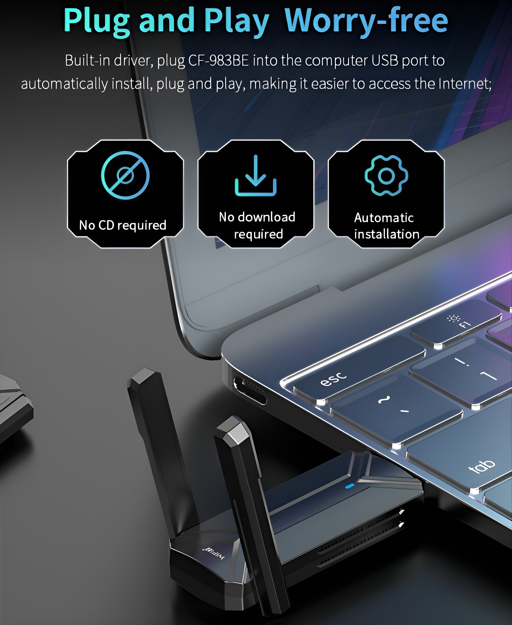 USB WiFi-Adapter, schwarz mit Antennen, auf einer Laptop-Tastatur. Text: Plug and Play Sorgenfrei.