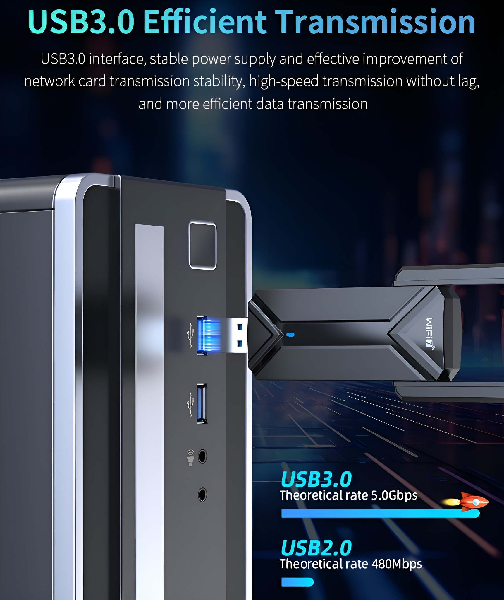Computerturm mit USB-Anschlüssen. Ein USB-Gerät ist angeschlossen. Text über USB 3.0 und 2.0.