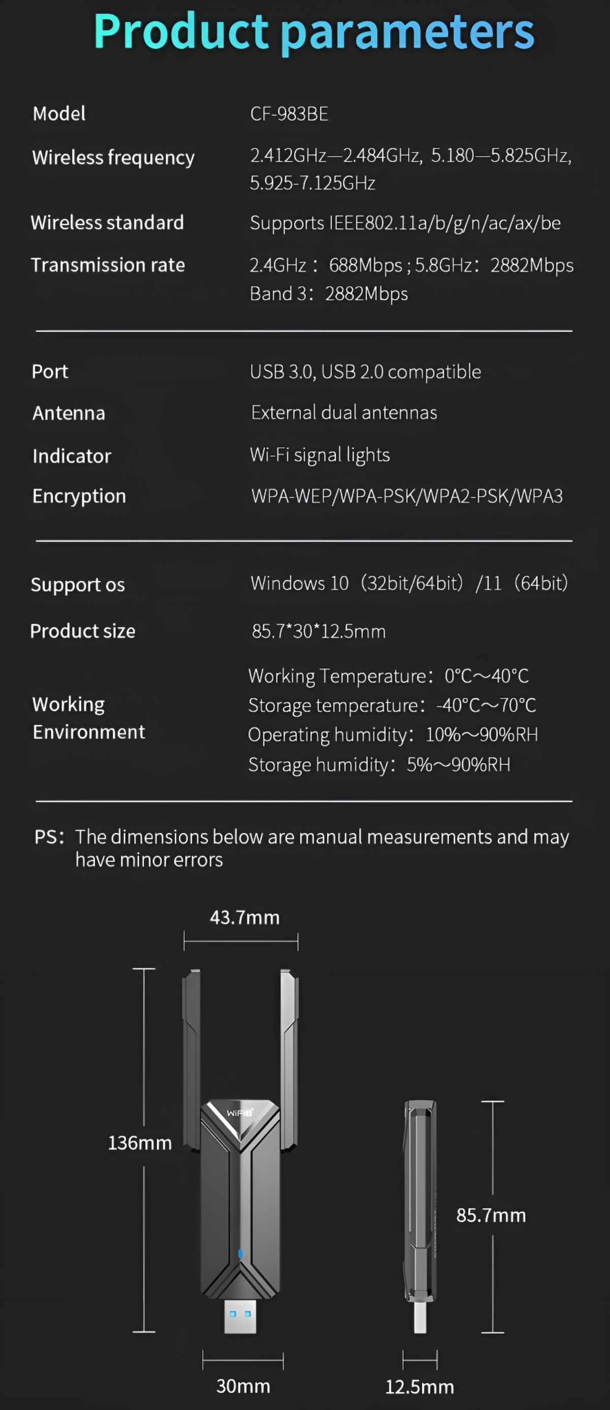 Produktdiagramm mit Abmessungen und Bildern eines drahtlosen Adapters.