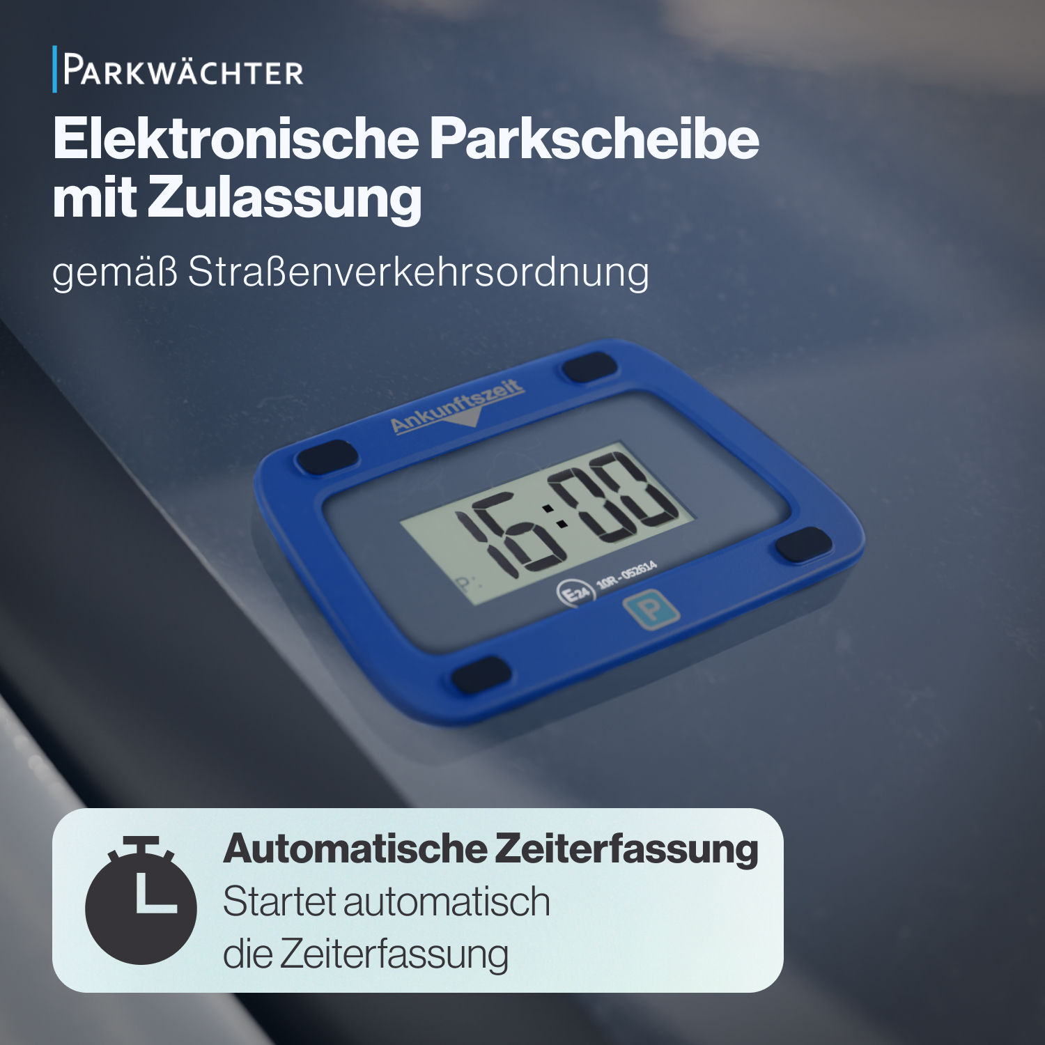 Blaue Parkscheibe mit 16:00 Uhr, Text oben und unten.
