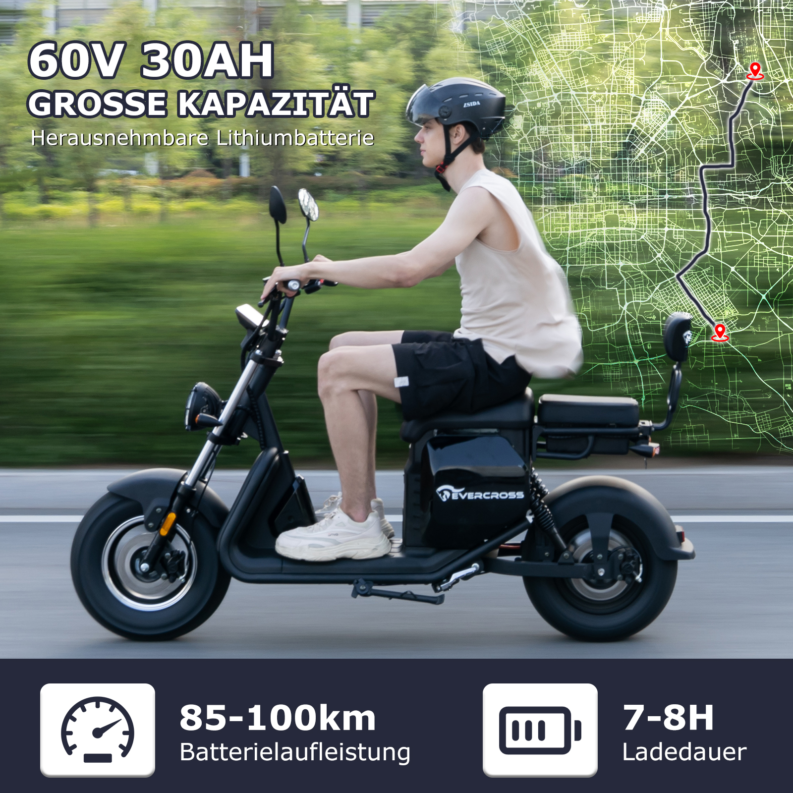 Mann auf schwarzem Roller. Karte und Batterieinfo werden angezeigt. Stadt-Hintergrund.