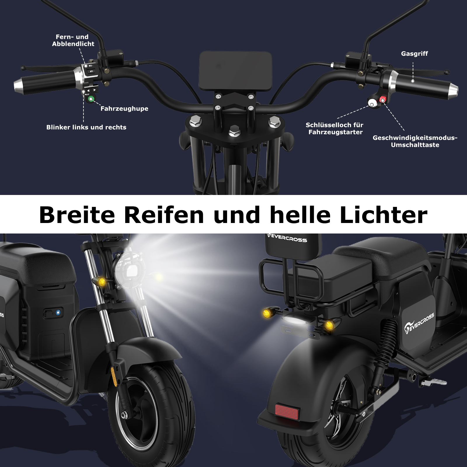 Elektroroller, schwarz, mit Lichtern und Steuerung in Deutsch. Breite Reifen und helle Lichter.