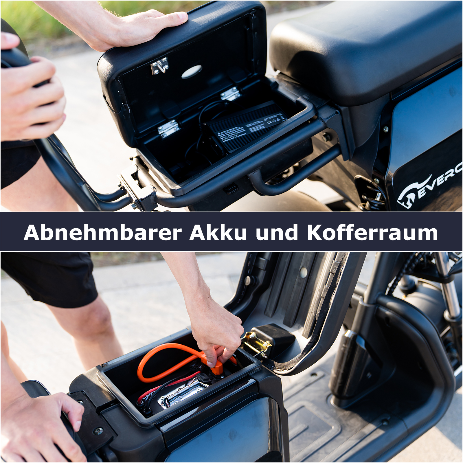 Zwei Bilder, die zeigen, wie eine Person einen Elektroroller benutzt, einen Akku herausnimmt und einsetzt.