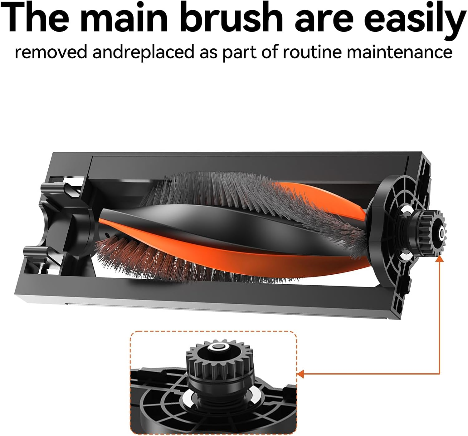 Die Hauptbürste eines Roboter-Staubsaugers ist leicht zu entfernen und auszutauschen. Die Bürste ist orange und schwarz.
