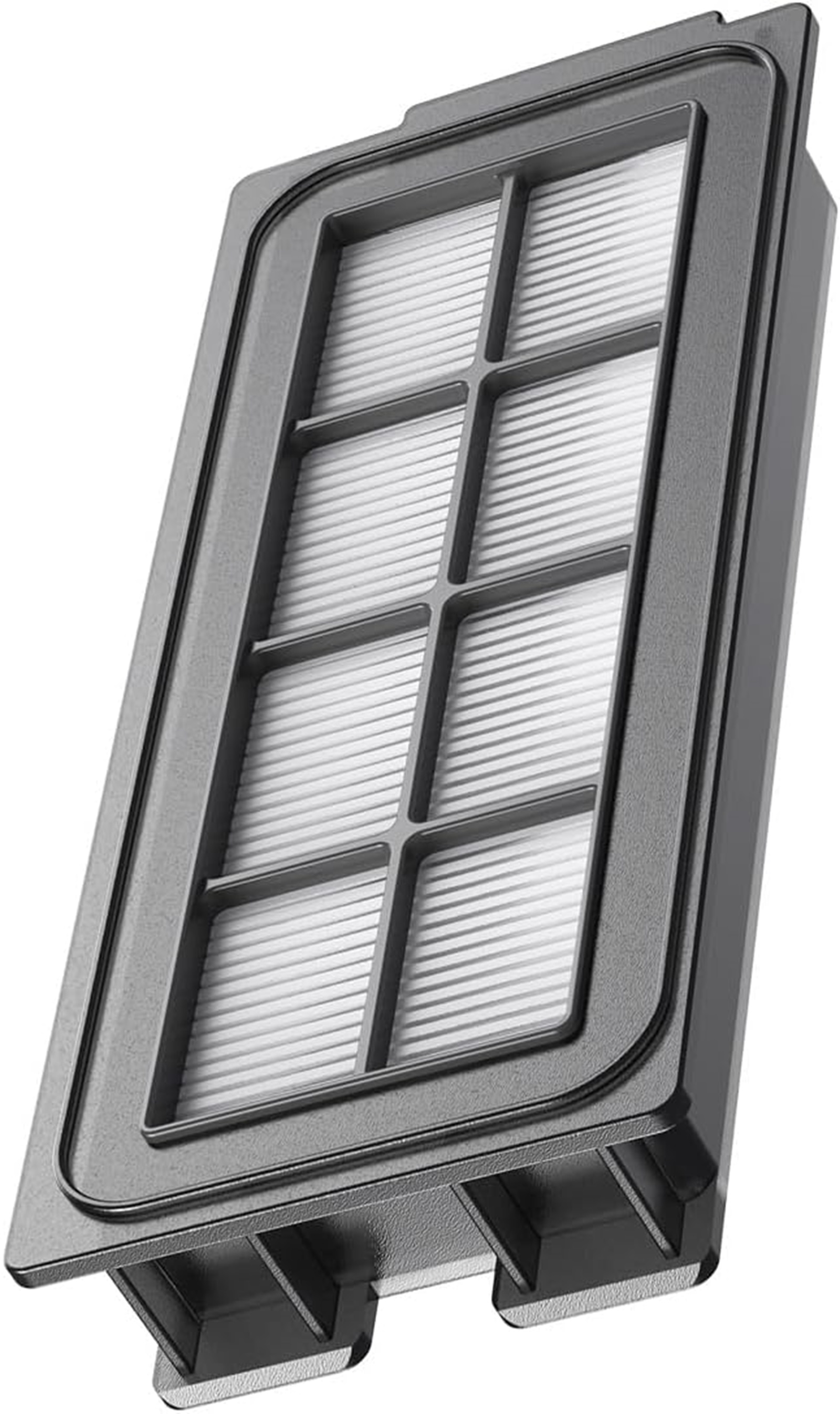 Rechteckiger Filter für einen Staubsauger. Grauer Rahmen mit weißem Filter innen.