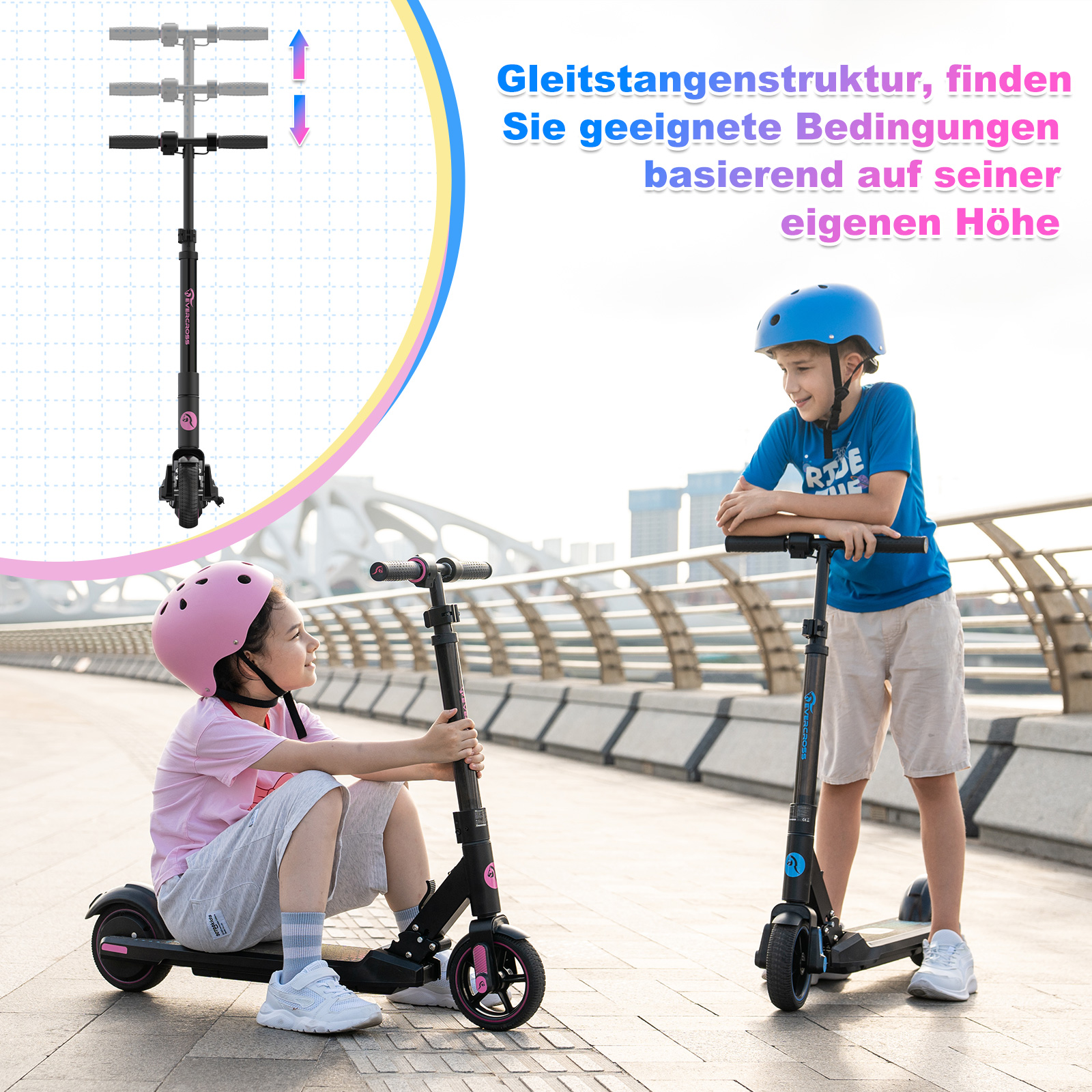 Zwei Kinder mit Rollern. Eines sitzt, das andere steht. Text auf Deutsch.