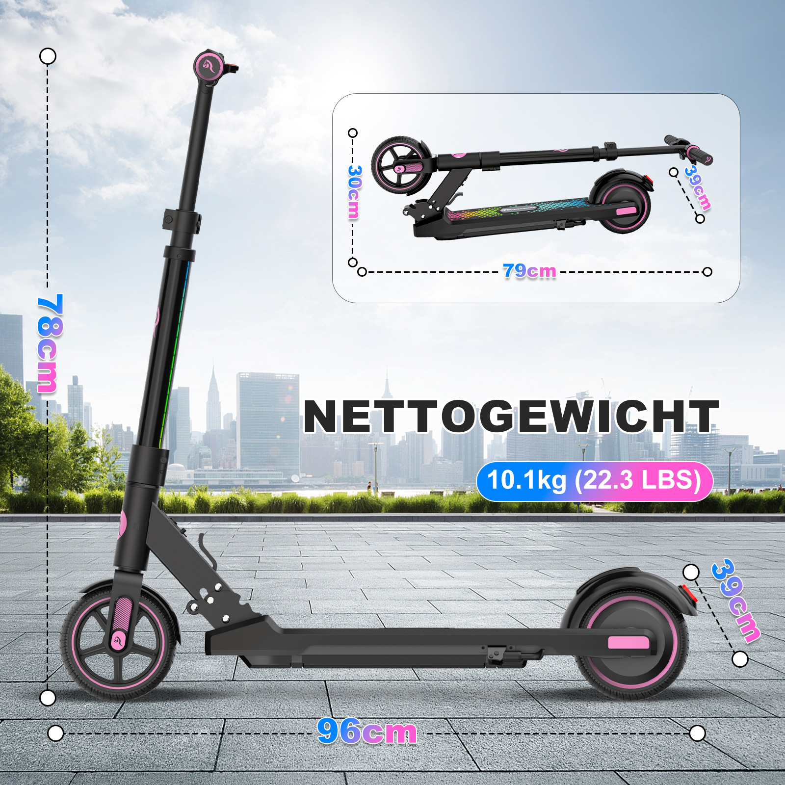 Ein schwarzer und rosa Elektroroller mit Maßen und Beschriftungen.
