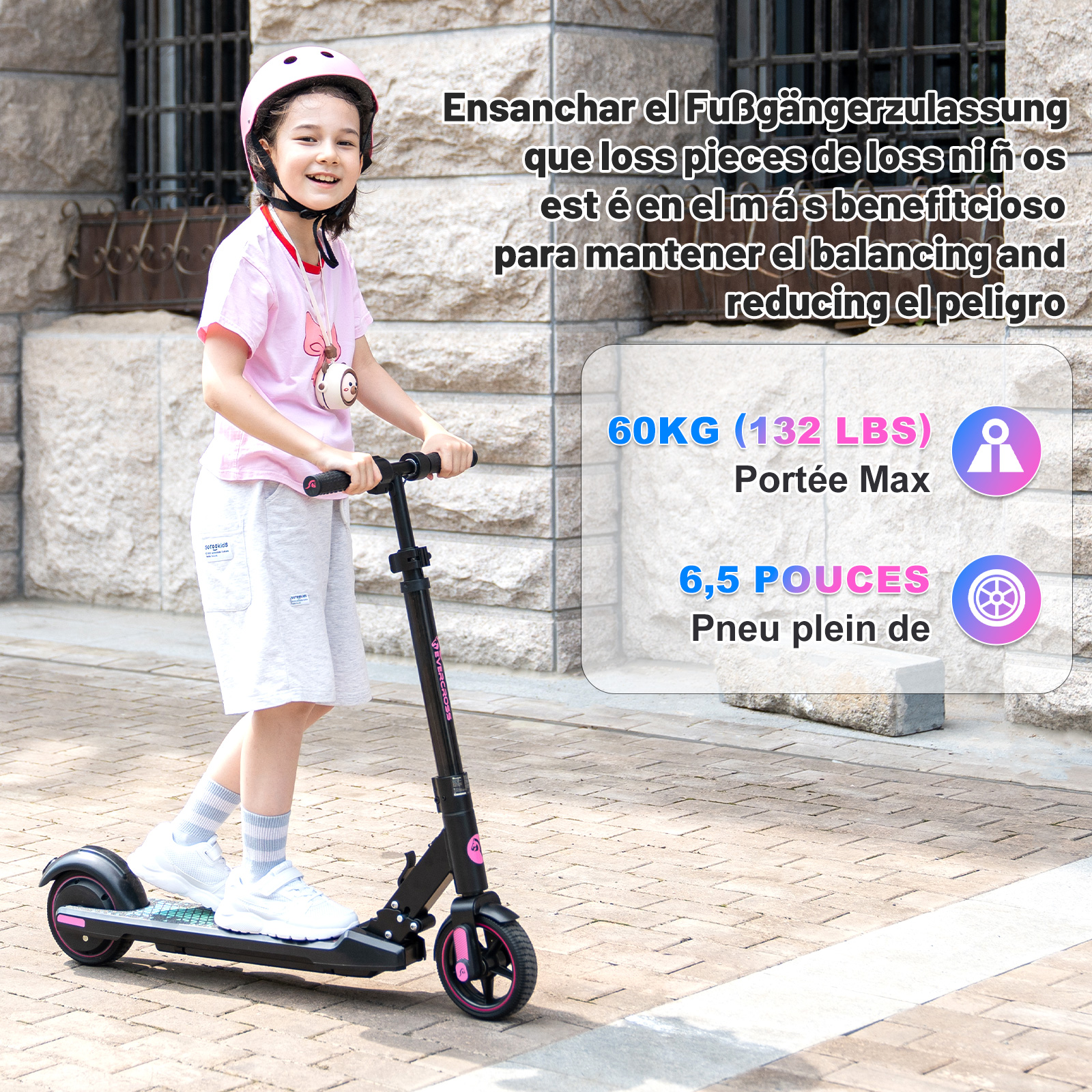 Ein Mädchen fährt mit einem schwarz-rosa Roller auf einer Straße, mit Textüberlagerung.