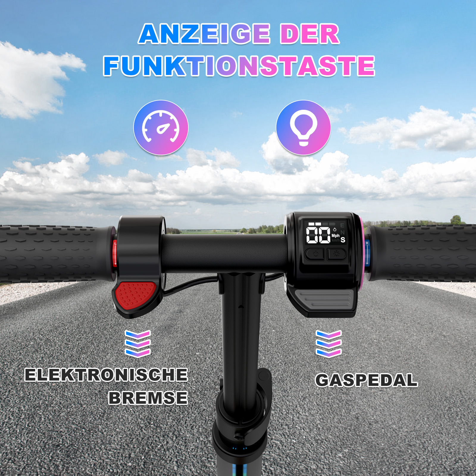 E-Scooter-Lenker mit Knöpfen und Display vor blauem Himmel.