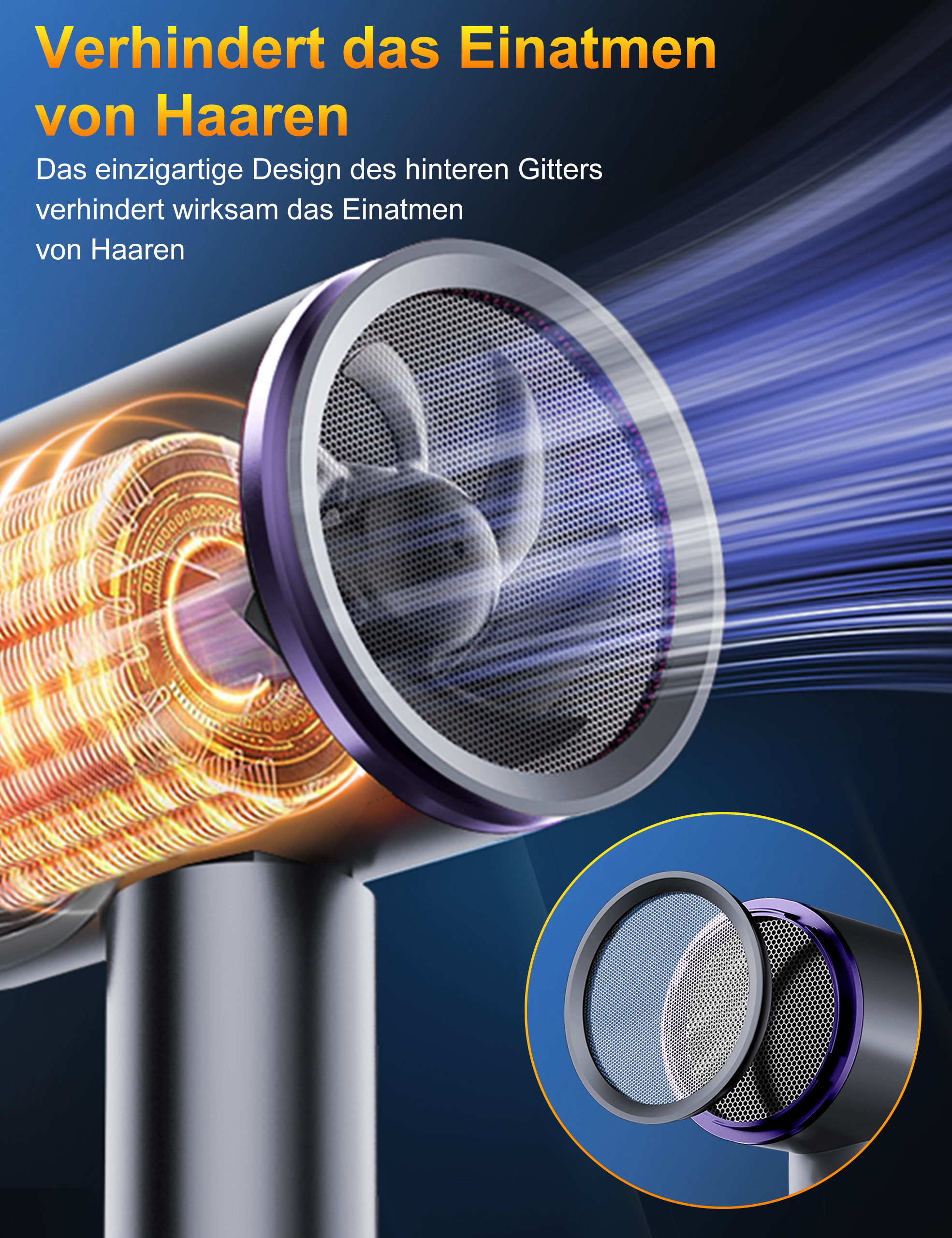 Haartrockner-Detail. Schwarz und Lila. Netz und Design. Blauer Hintergrund.