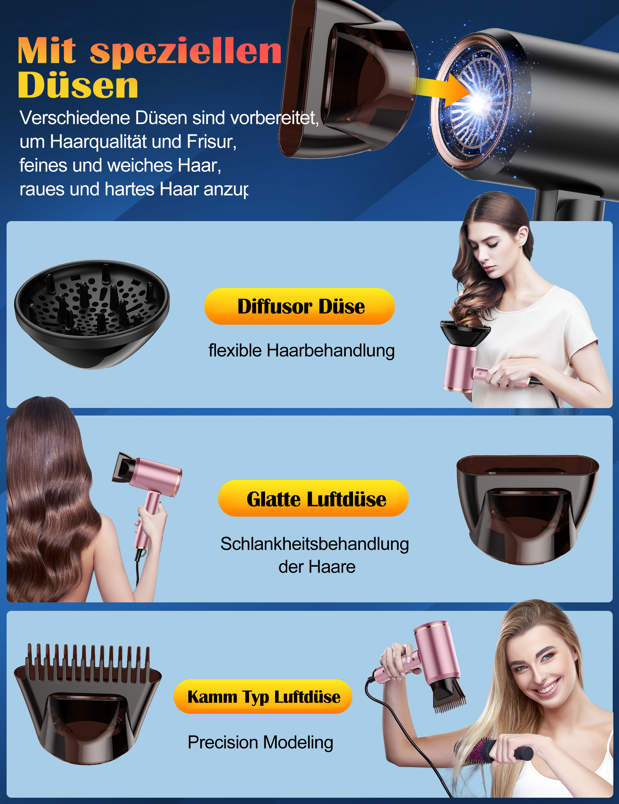 Haartrockner mit Aufsätzen. Pink und Schwarz. Frau benutzt ihn.