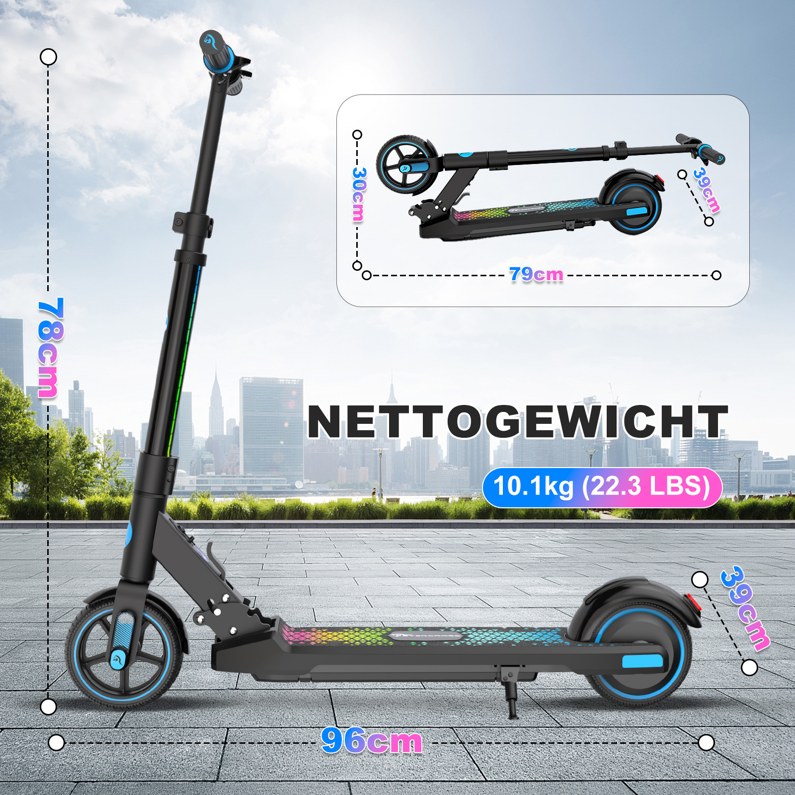Schwarzer Elektroroller mit Maßen, Stadtkulisse und Text 'NETTOGEWICHT'.