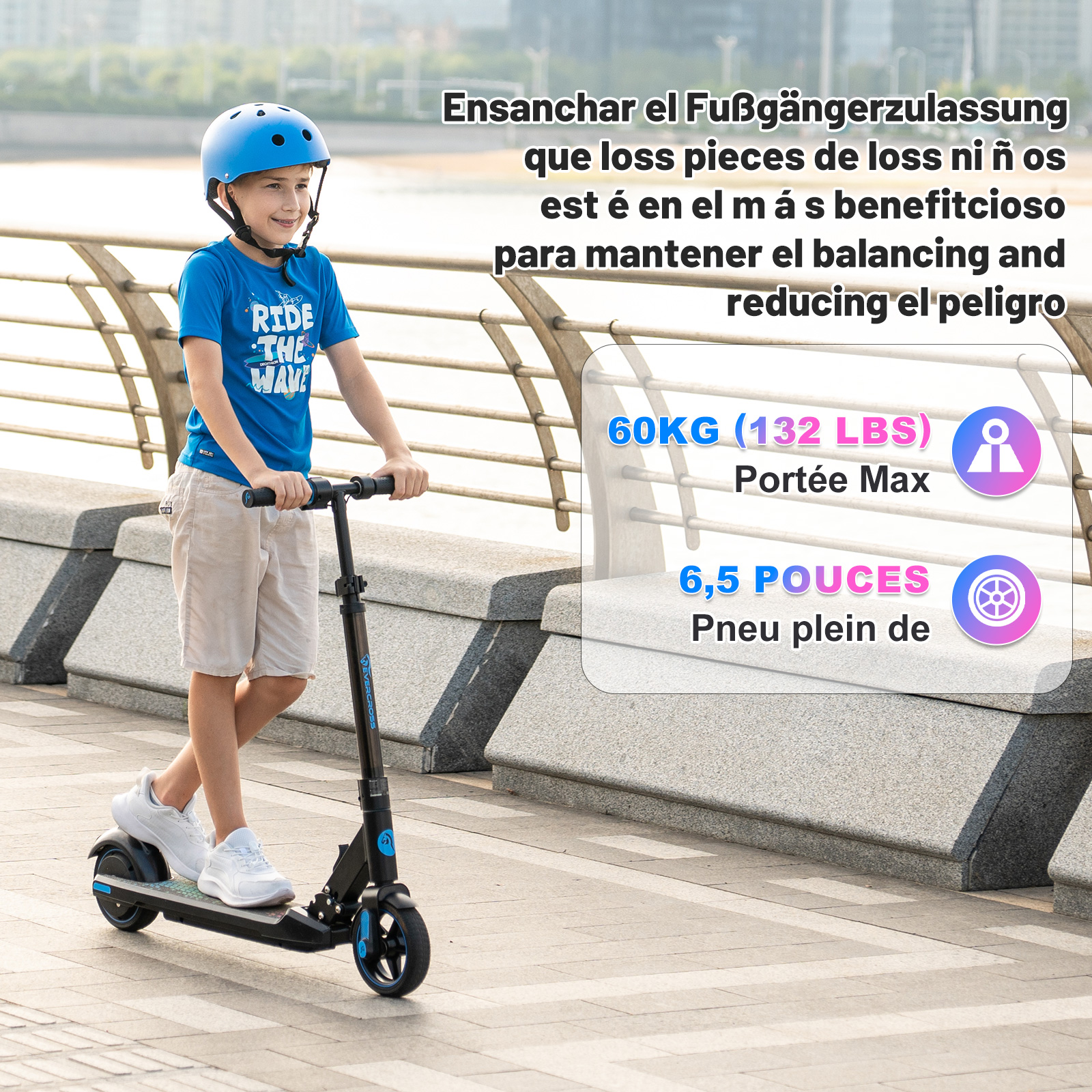 Ein Junge fährt mit einem Roller, rechts Text und Grafiken, auf einem Gehweg.
