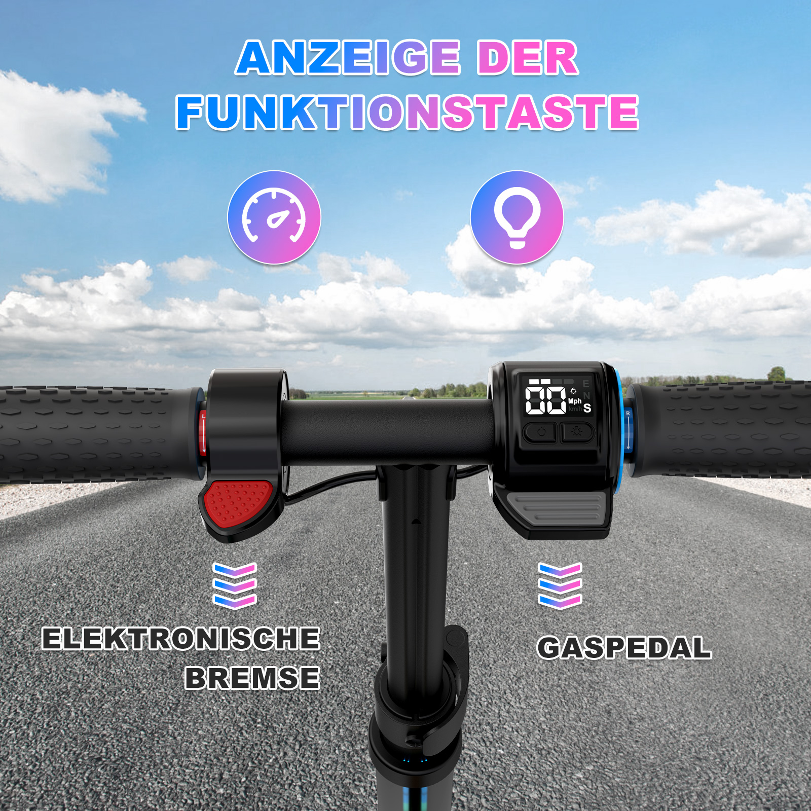 Rollerlenker mit Bedienelementen. Text auf Deutsch. Blauer Himmel im Hintergrund.