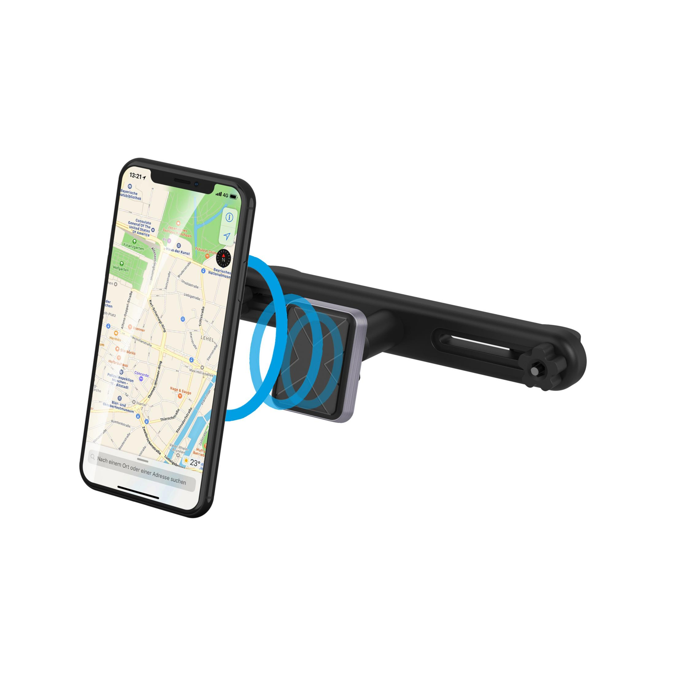Telefon auf dem Armaturenbrett eines Autos montiert. Bildschirm zeigt eine Karte.