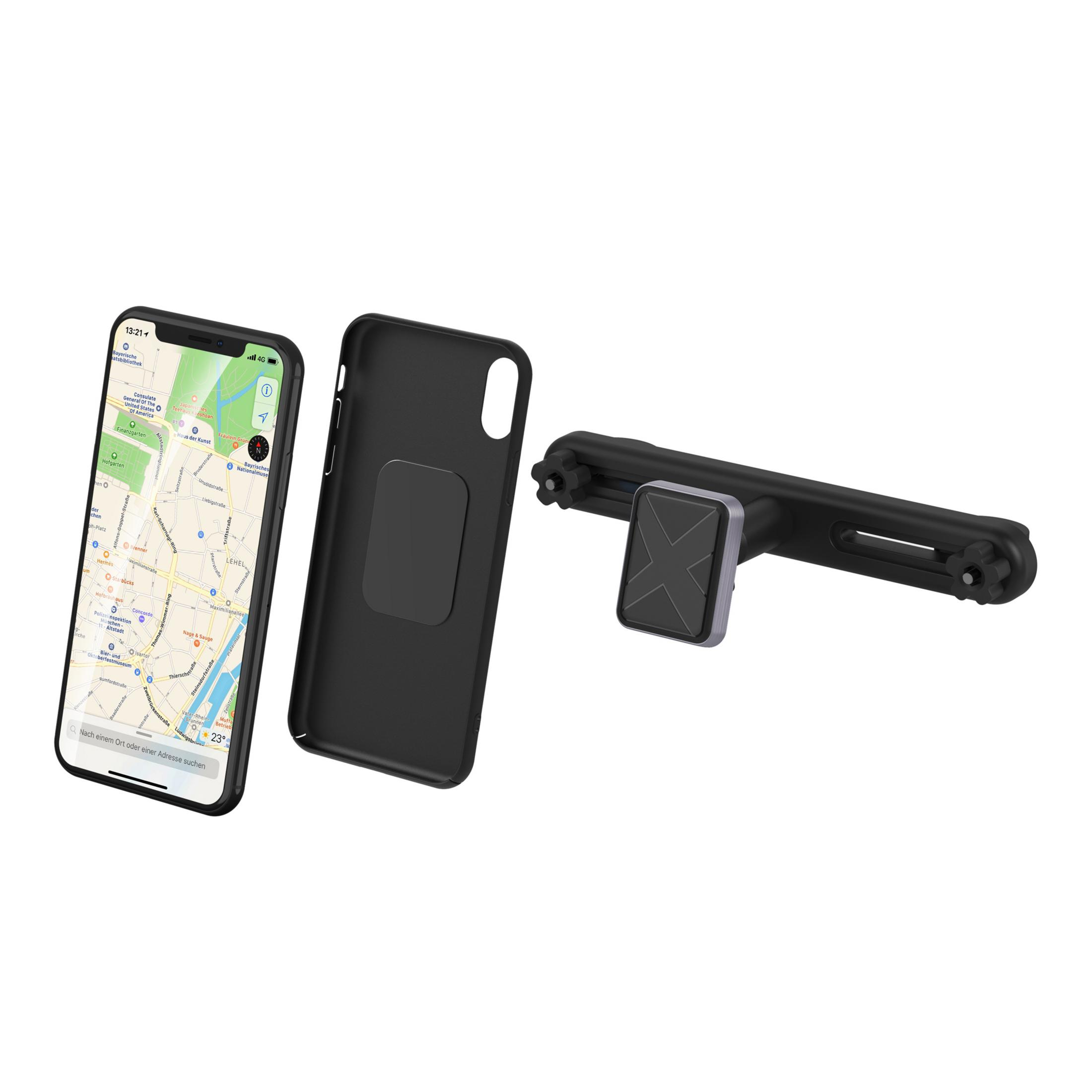 Smartphone mit Karte, schwarze Handyhülle und Autotelefonhalterung.