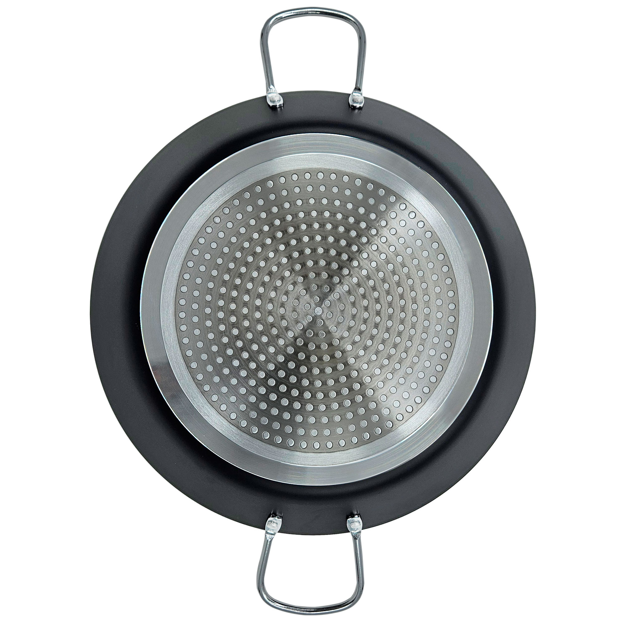 Sartén redonda negra con interior plateado. Tiene dos asas y está sobre fondo blanco.
