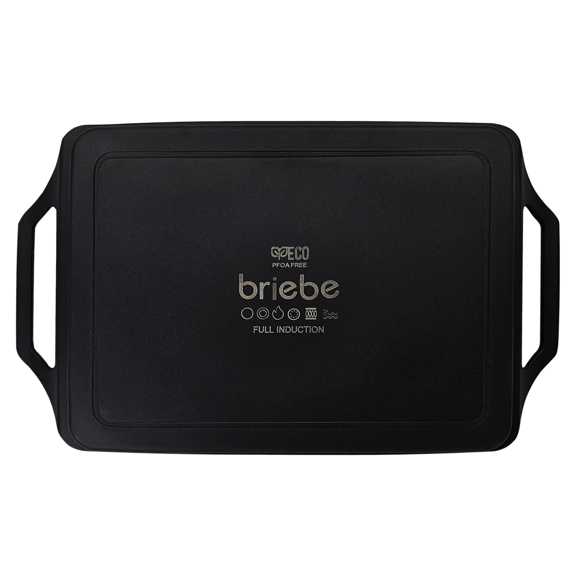 Sartén rectangular negra con asas y texto "SPECO briebe PFOA FREE FULL INDUCTION".