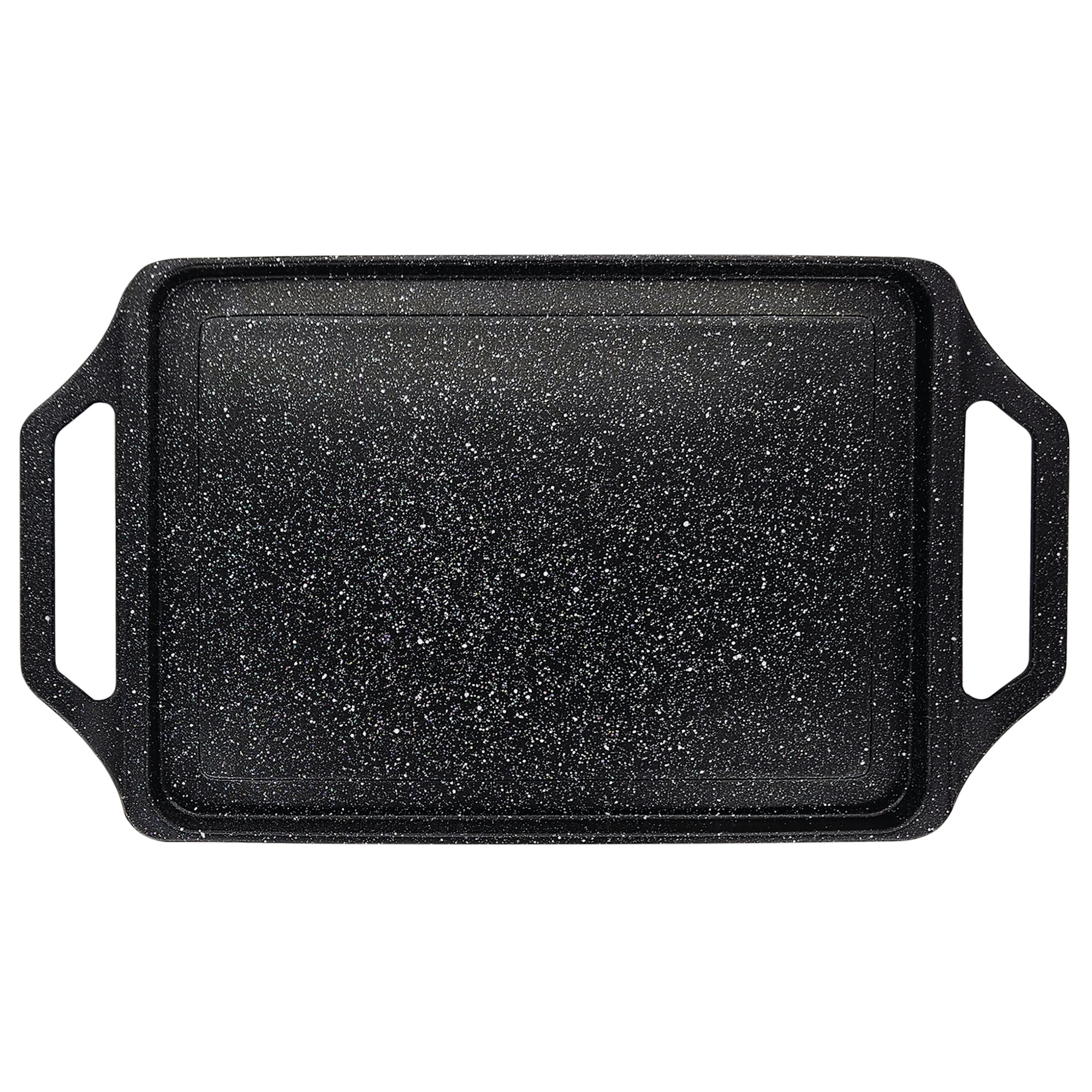 Plancha de piedra de granito negro con asas. Aislada sobre fondo blanco.
