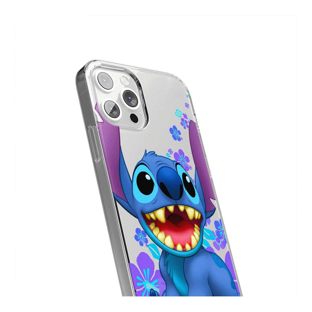 Una custodia trasparente per telefono con un personaggio di Stitch sorridente, con motivi floreali blu e viola.