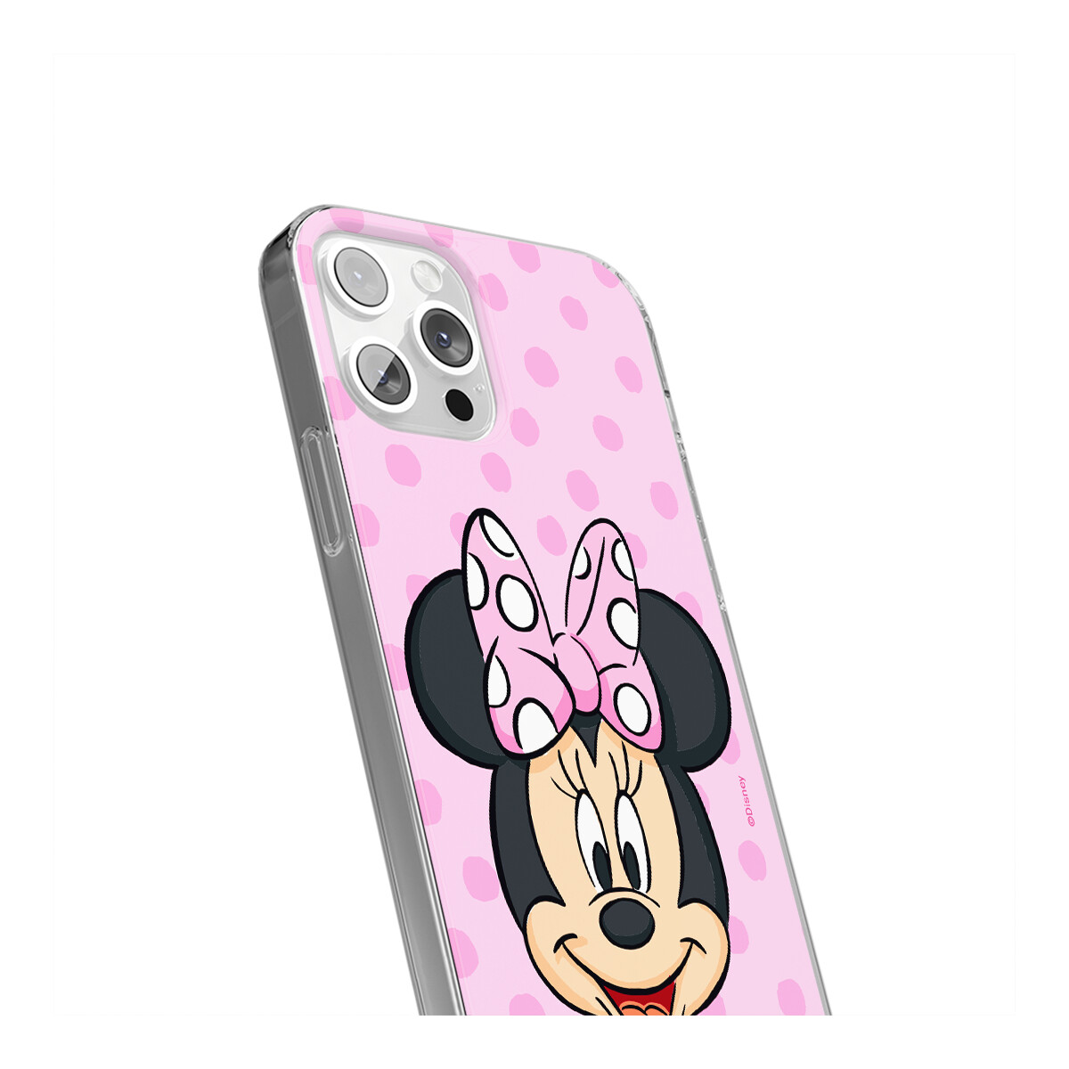 Custodia rosa per telefono con Minnie Mouse. Pois. Obiettivi della fotocamera visibili.