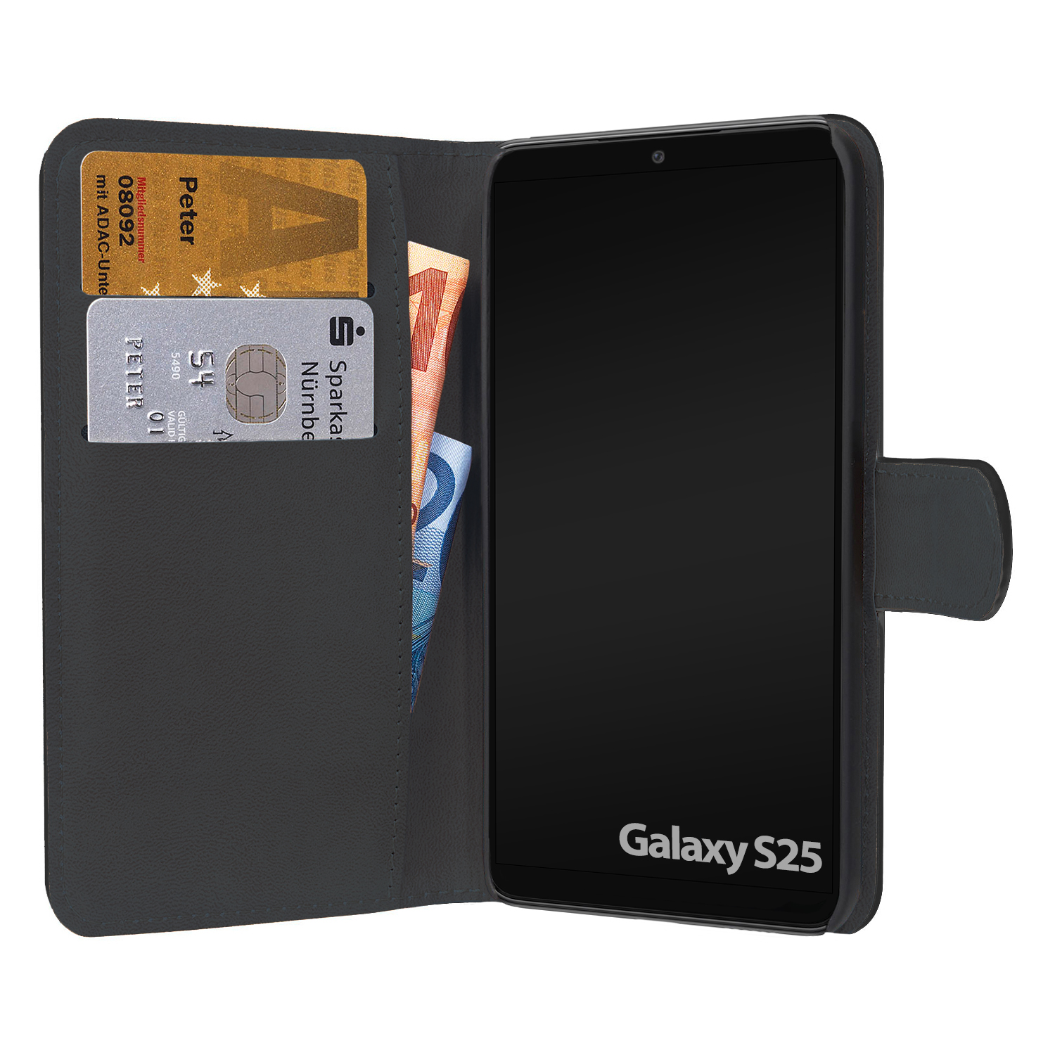 Eine offene schwarze Handyhülle mit Kreditkarten und Euro-Scheinen, mit einem Galaxy S25 Telefon.