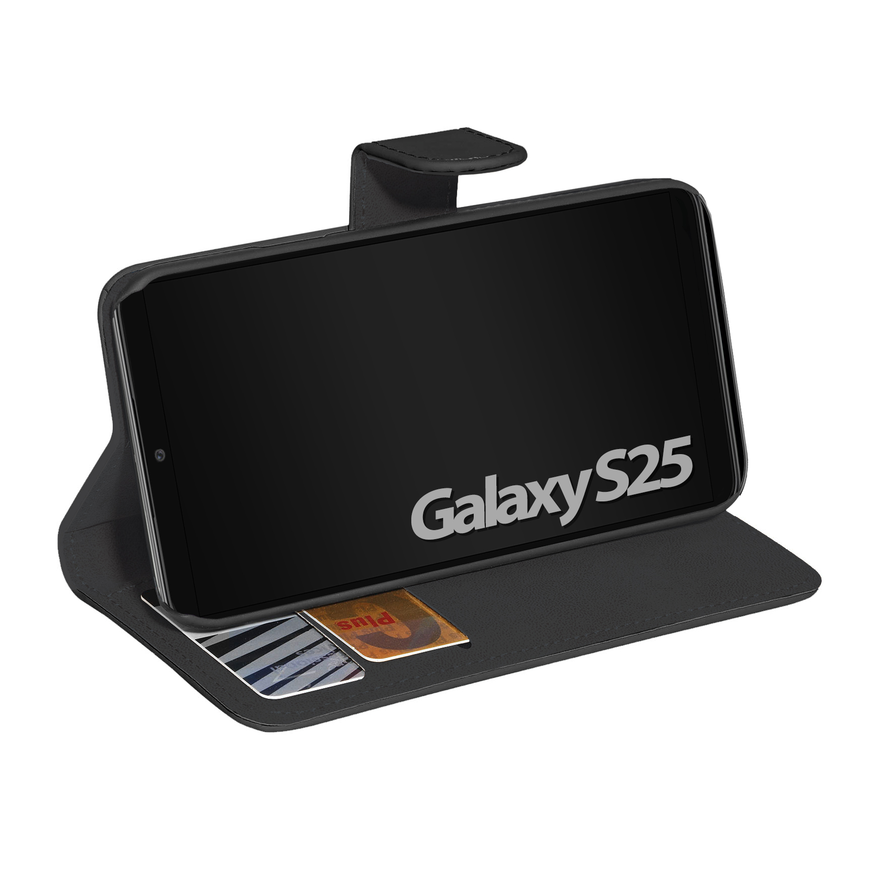 Ein schwarzes Telefon in einer Hülle. Das Telefon zeigt den Text 'Galaxy S25' auf seinem Bildschirm an. Karten sind sichtbar.