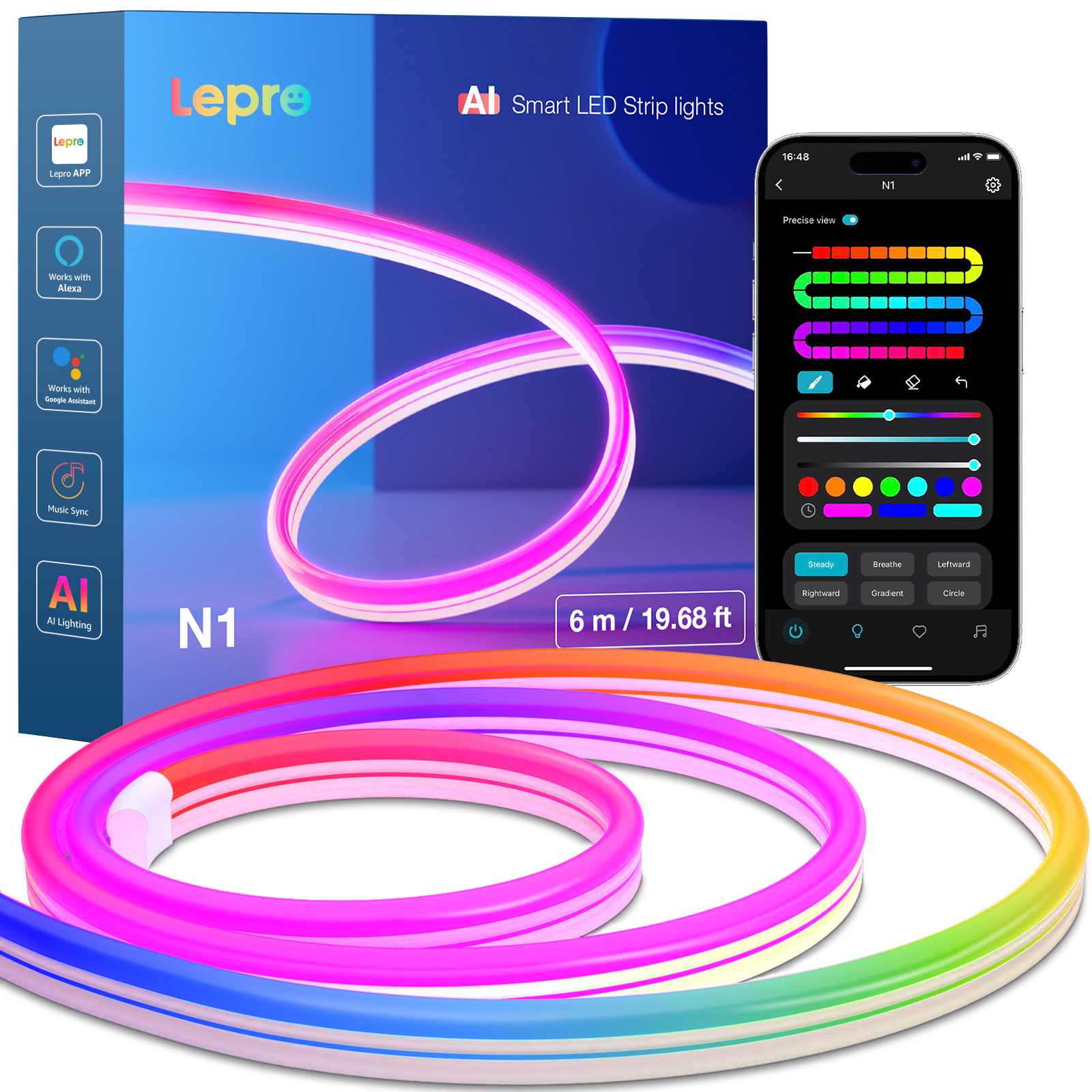 Intelligente LED-Streifen mit Steuerbox, Smartphone und Verpackung. Weißer Hintergrund.