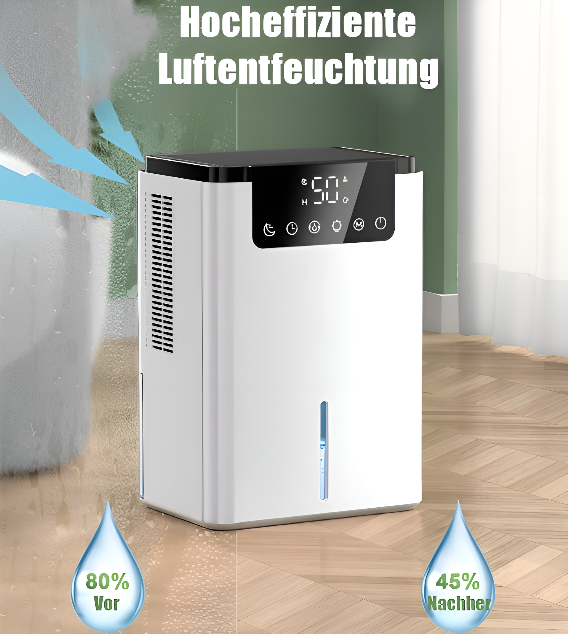 Ein weißer Luftentfeuchter mit Digitalanzeige. Wassertropfen und Text zeigen die Feuchtigkeitswerte an.