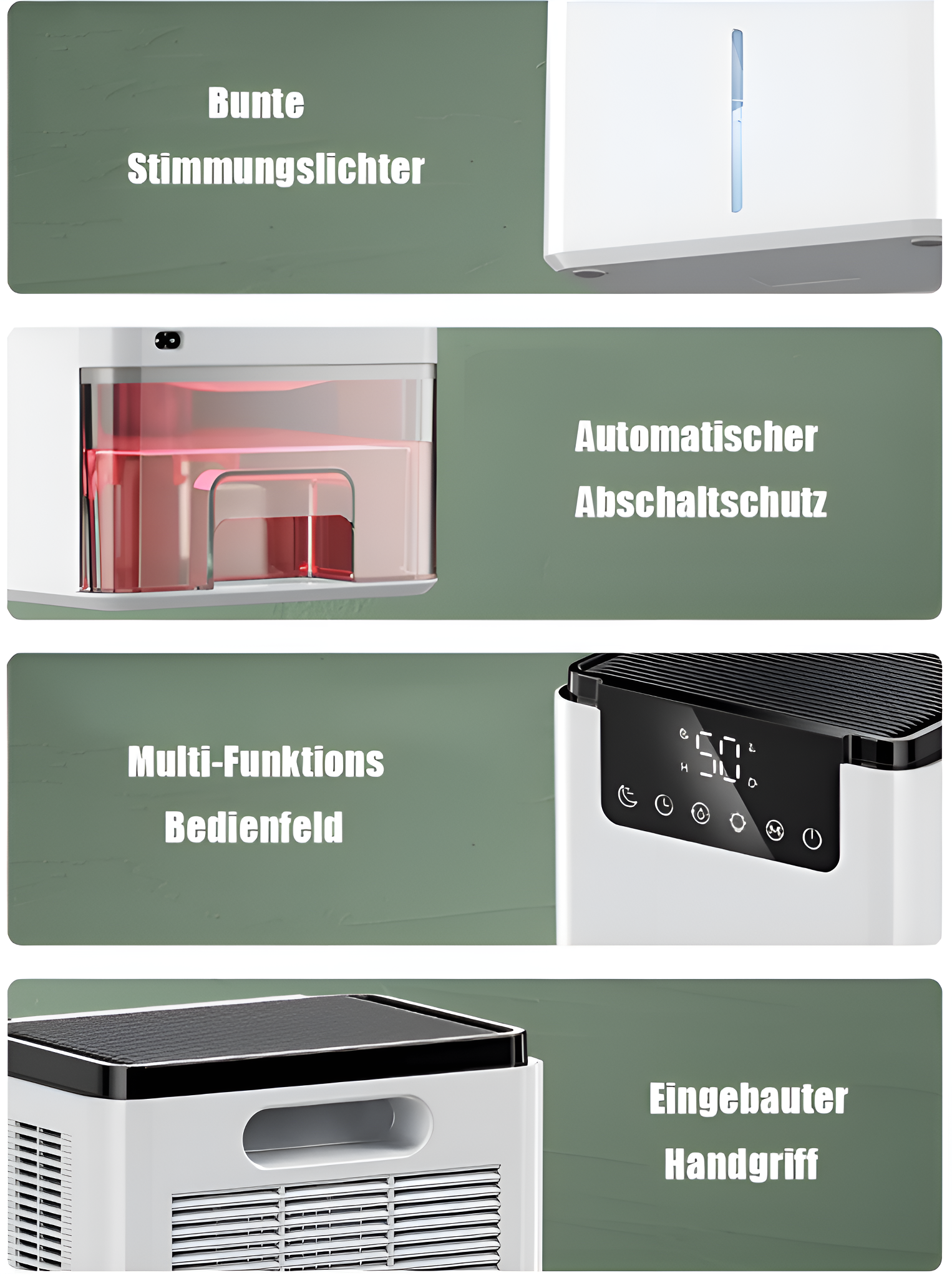 Vier Bilder eines weißen Luftentfeuchters, mit deutschen Textbeschriftungen.