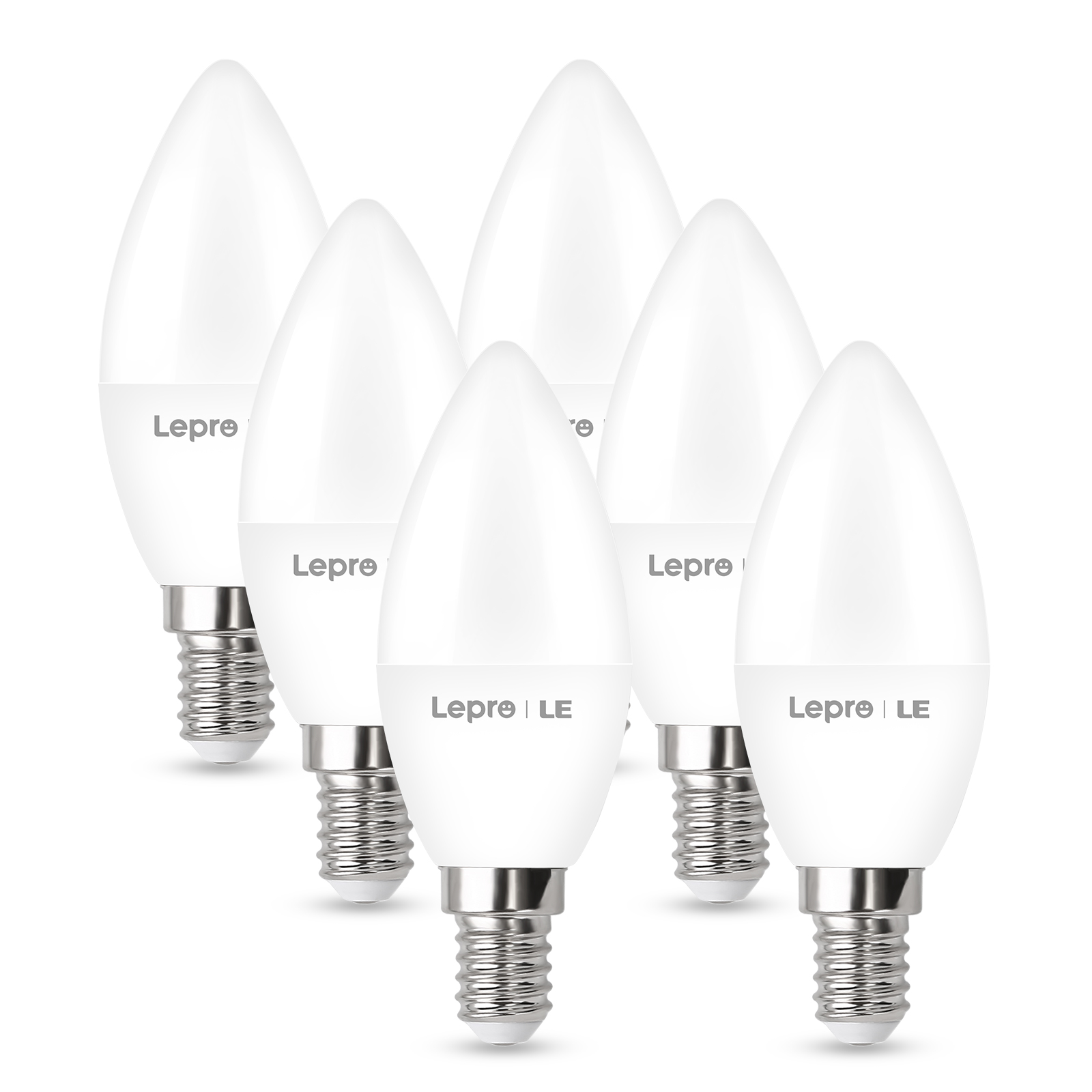 Sieben weiße LED-Lampen auf weißem Hintergrund.