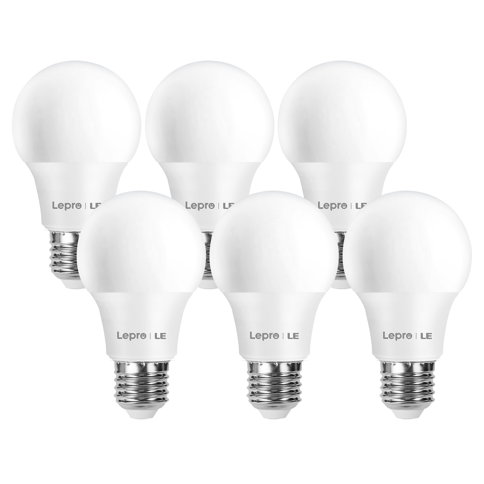 Sechs weiße LED-Glühbirnen. Der Sockel der Glühbirnen ist silberfarben.
