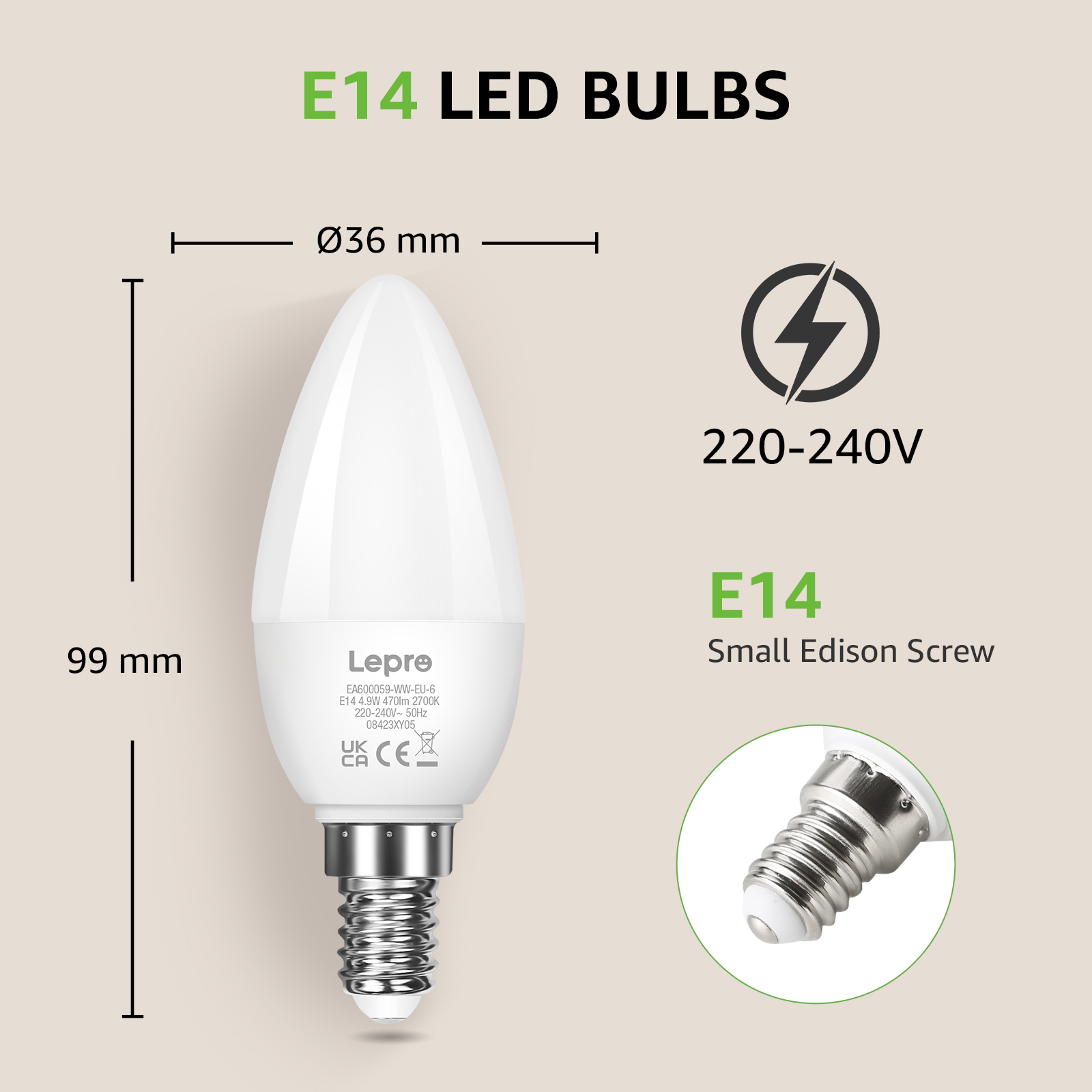 Eine E14 LED-Glühbirne mit Abmessungen, Spezifikationen und einer Nahaufnahme des Schraubsockels.