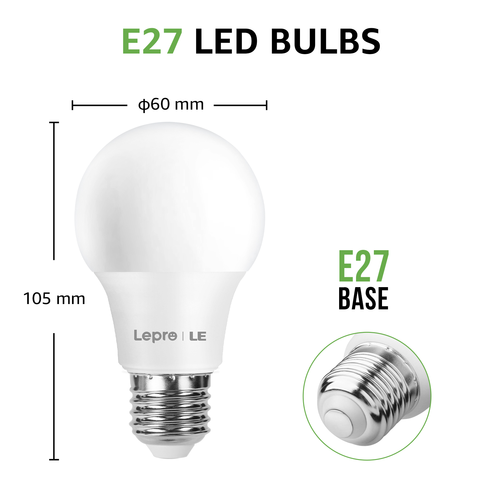Eine weiße LED-Glühbirne mit Abmessungen und eine Nahaufnahme des Sockels.