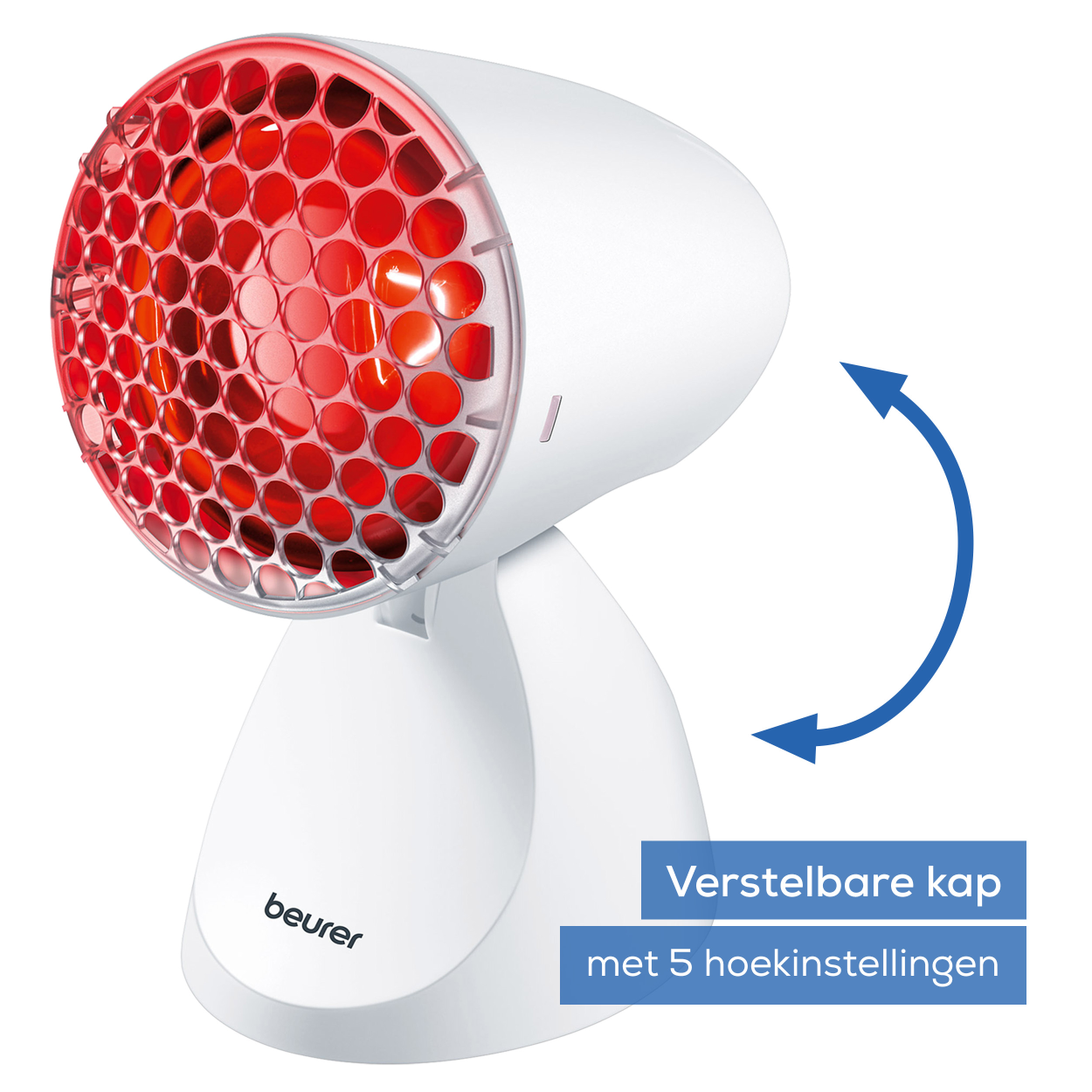 Weißes medizinisches Gerät mit rotem Licht und verstellbarem Kopf, mit blauem Pfeil, der die Bewegung anzeigt.