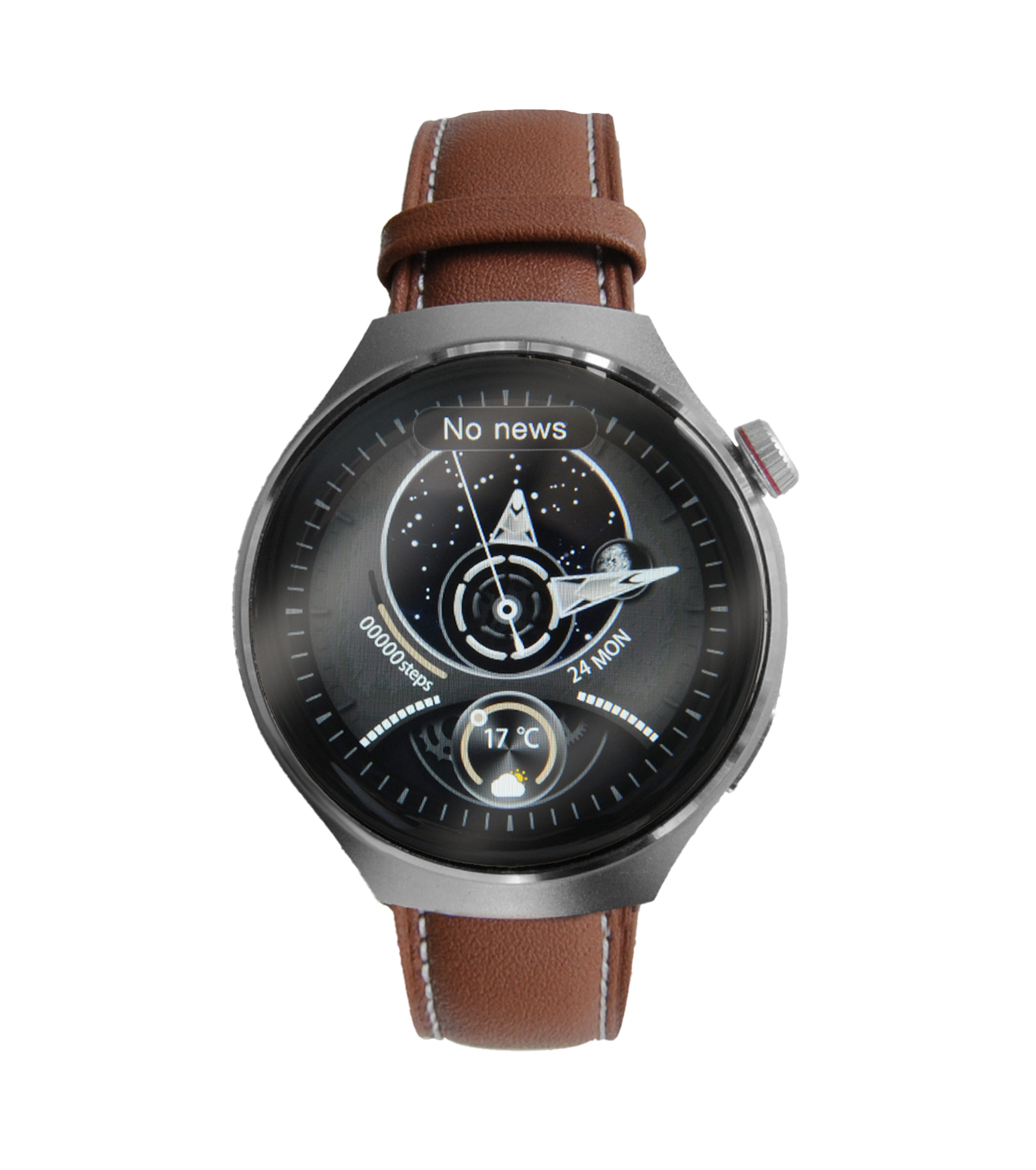 Smartwatch su una superficie bianca. Cinturino in pelle marrone e display scuro con ora e meteo.