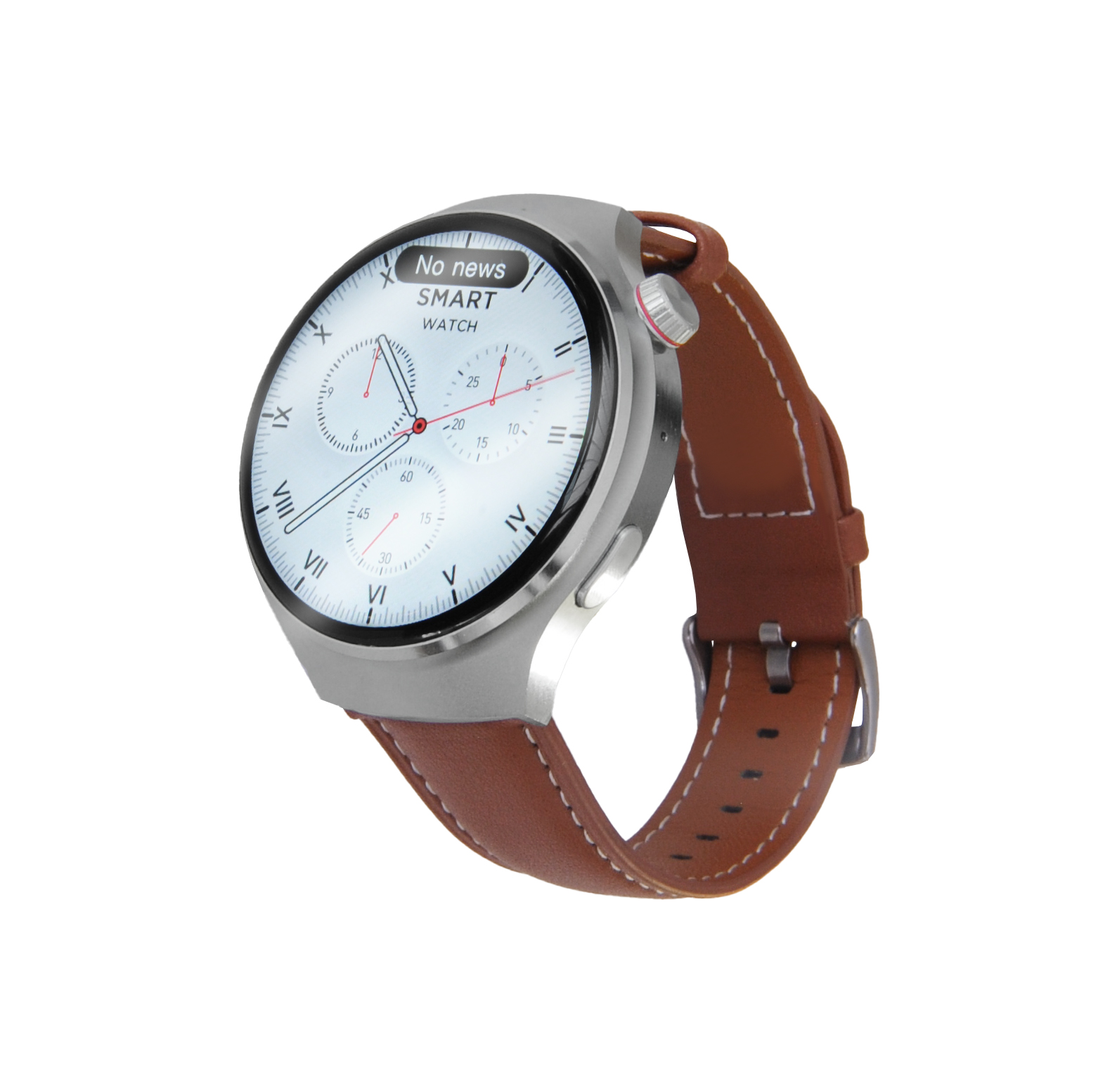 Smartwatch con cinturino in pelle marrone, quadrante rotondo, corpo argentato, sfondo bianco.
