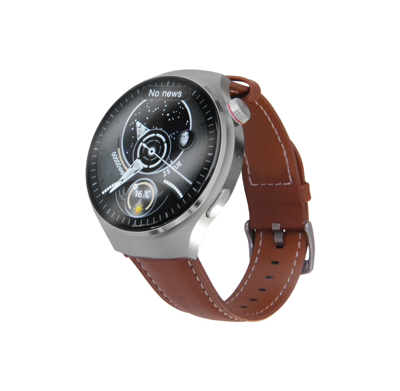Smartwatch con cassa argentata e cinturino in pelle marrone. Lo schermo mostra un quadrante con dati.