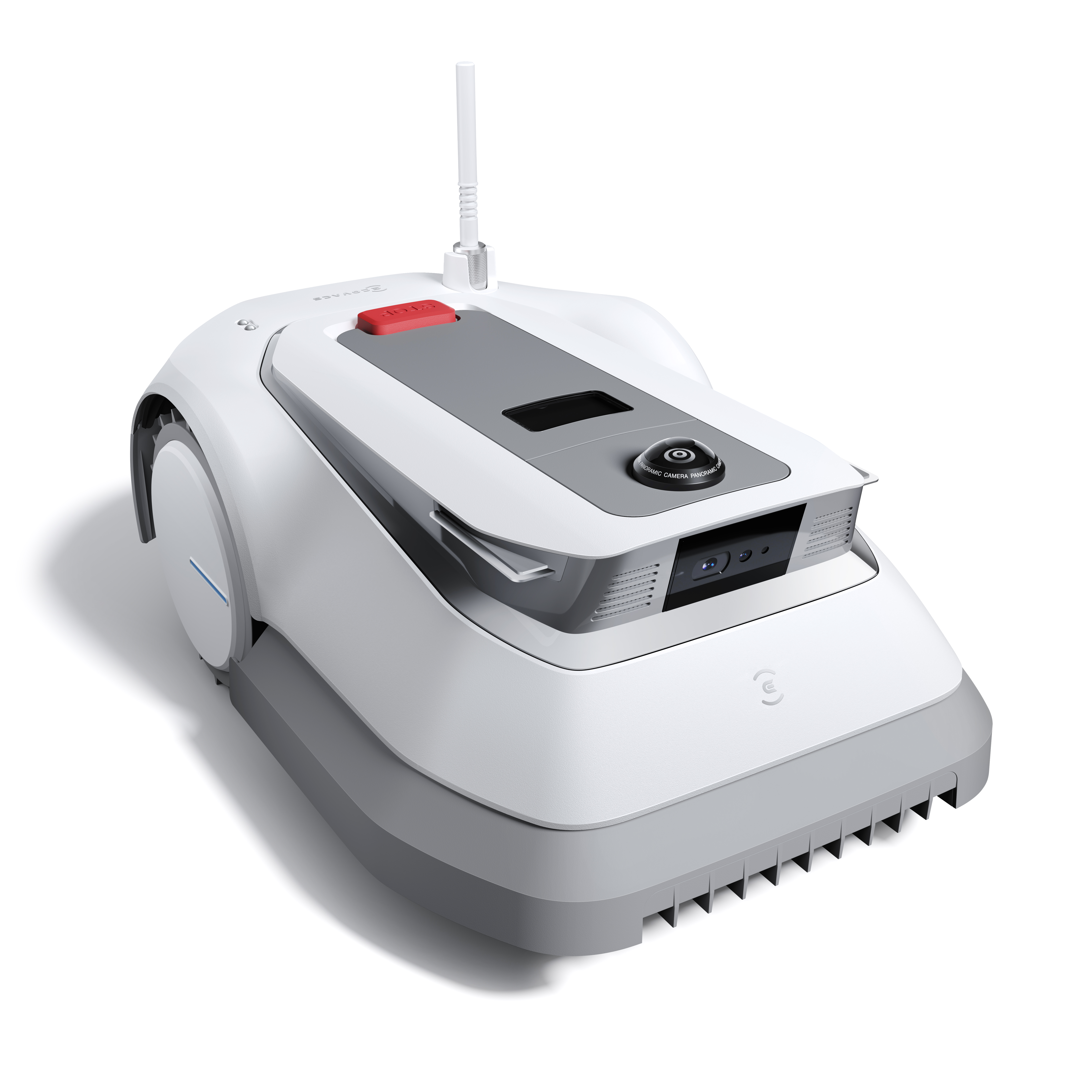 Ein weiß-grauer Roboter-Rasenmäher mit rotem Knopf oben, Kamera und Antenne, vor weißem Hintergrund.