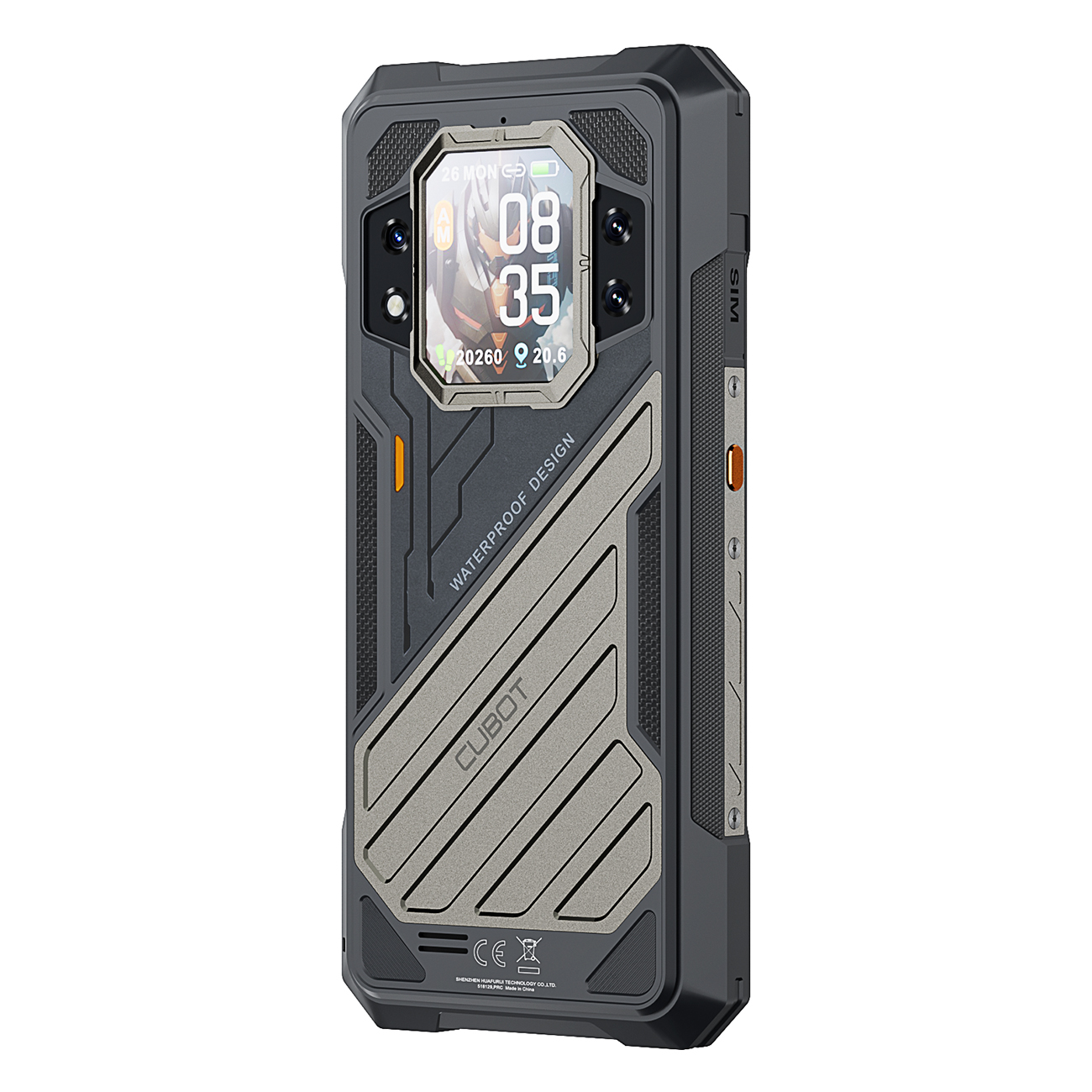 Wytrzymały czarno-szary smartfon z ekranem wyświetlającym dane. Widok z tyłu.