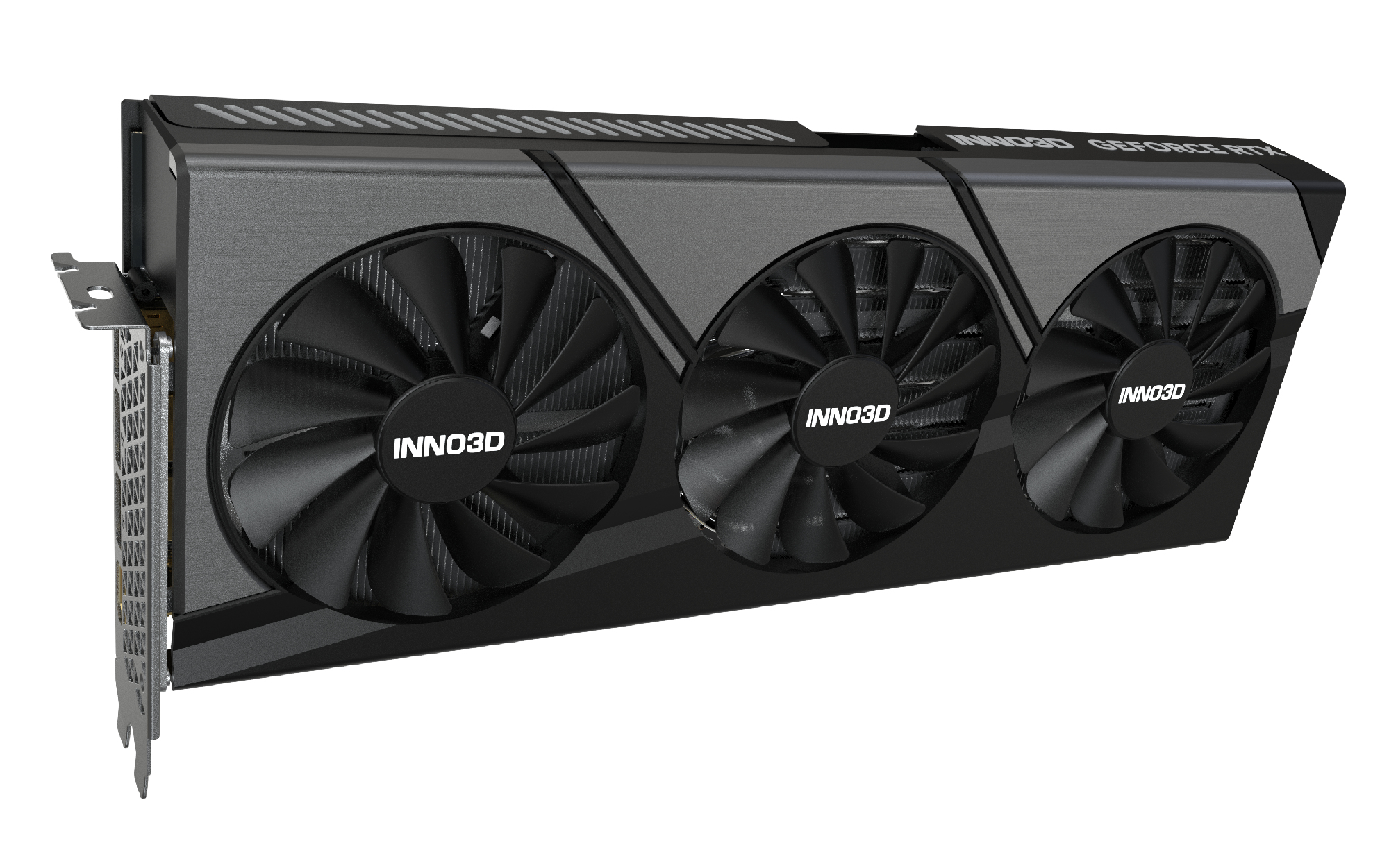 Una scheda grafica INNO3D GeForce RTX nera e grigia con tre ventole.