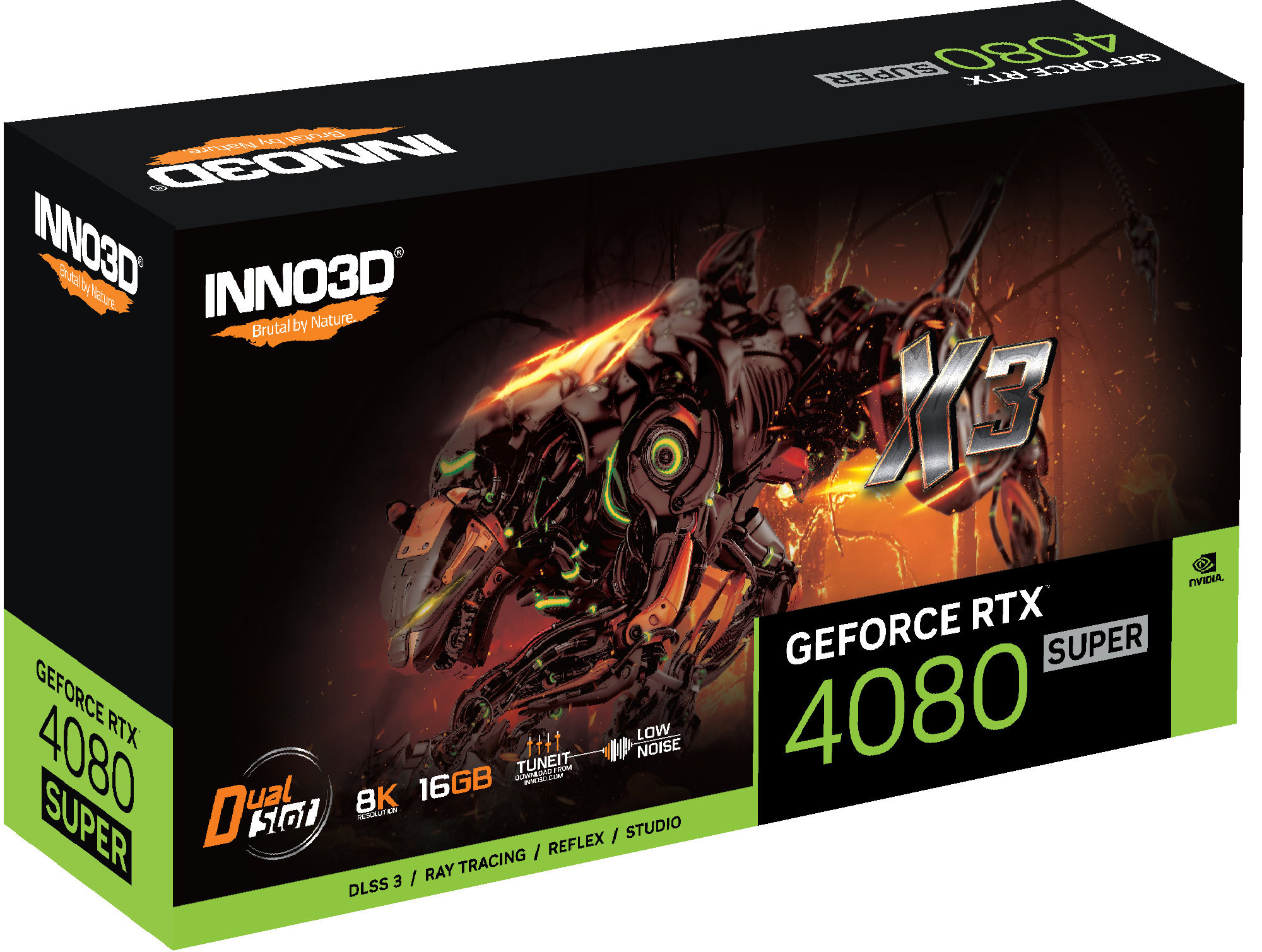 Una scatola di una scheda grafica, con il testo 'GEFORCE RTX 4080 SUPER' e un'immagine di un robot.